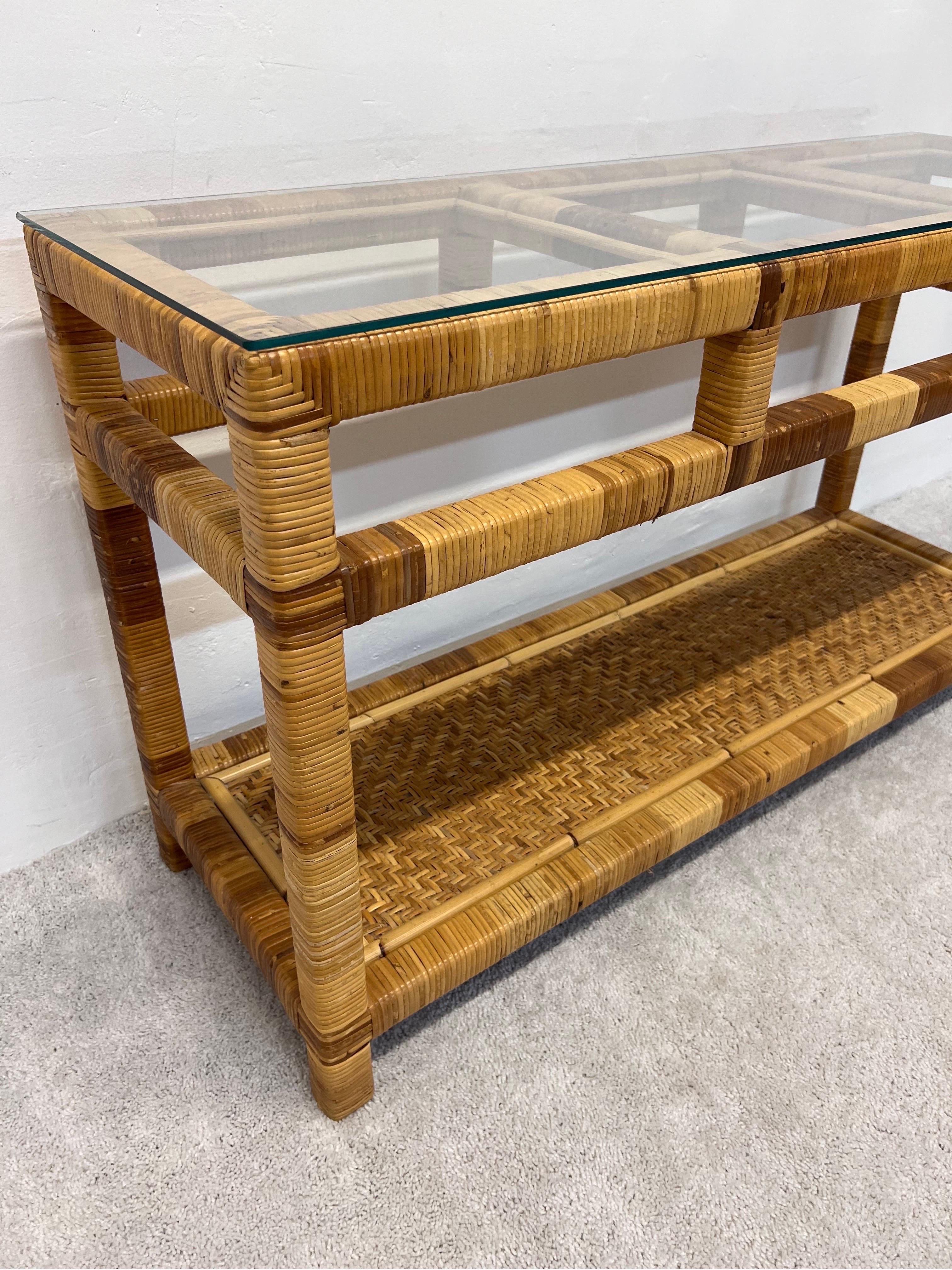 Mid-Century Rattan and Glass Top Console Table For Sale 5