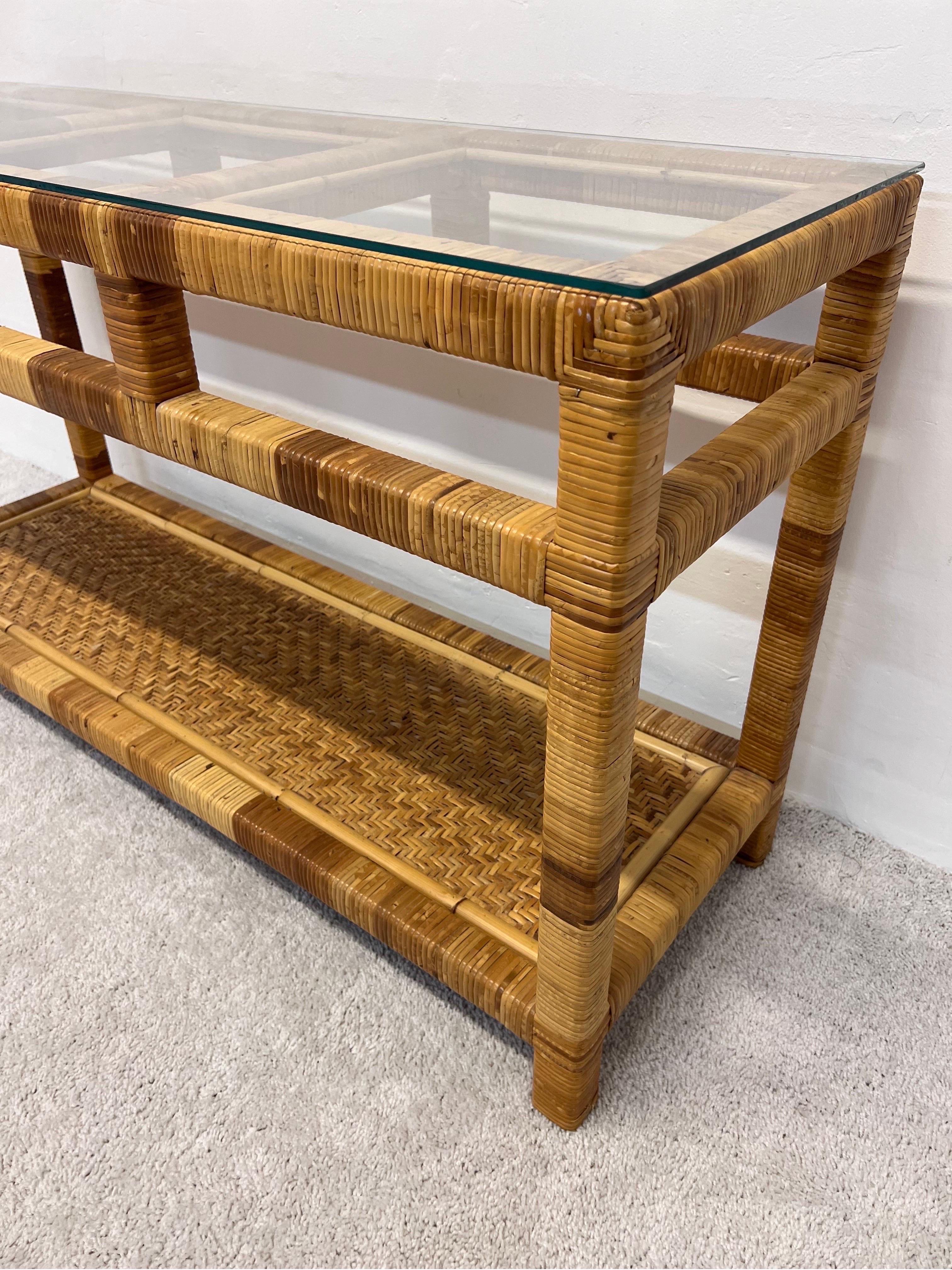 Mid-Century Rattan and Glass Top Console Table For Sale 6