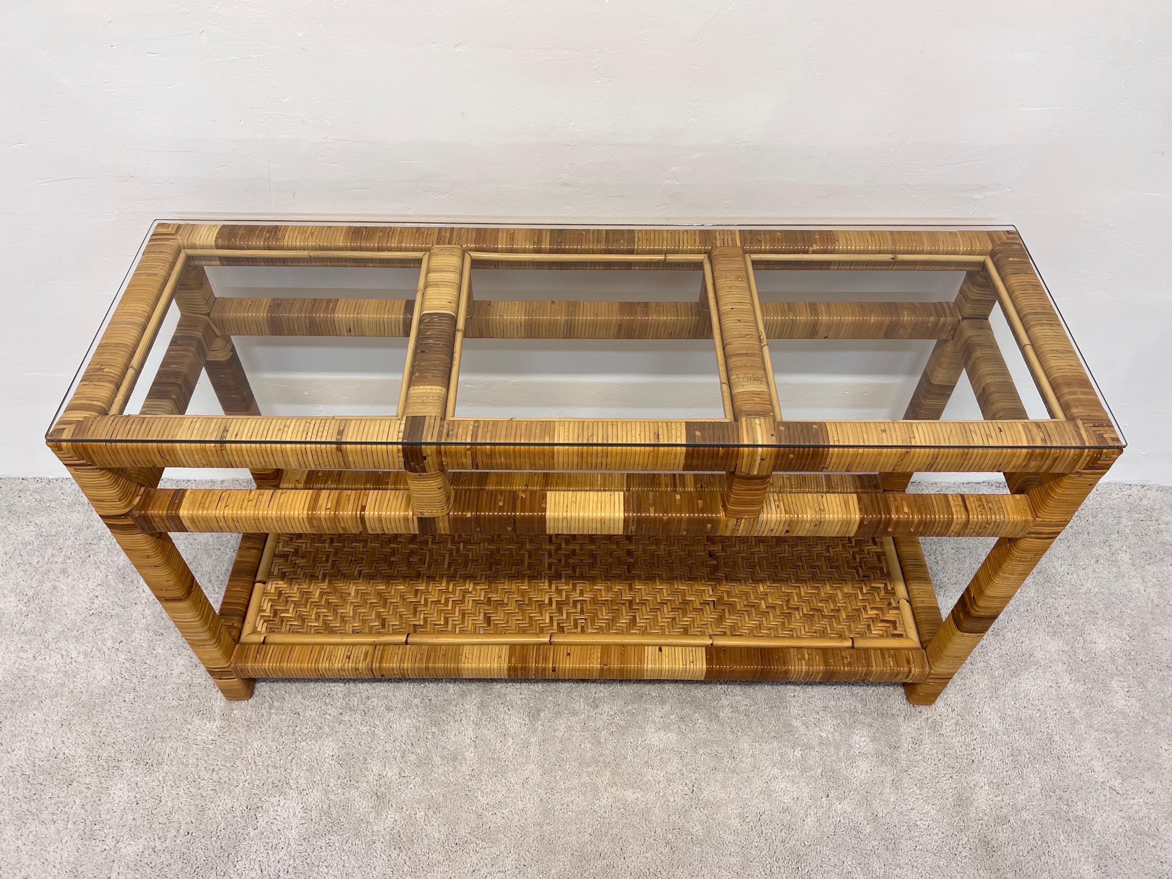 Mid-Century Rattan and Glass Top Console Table For Sale 7