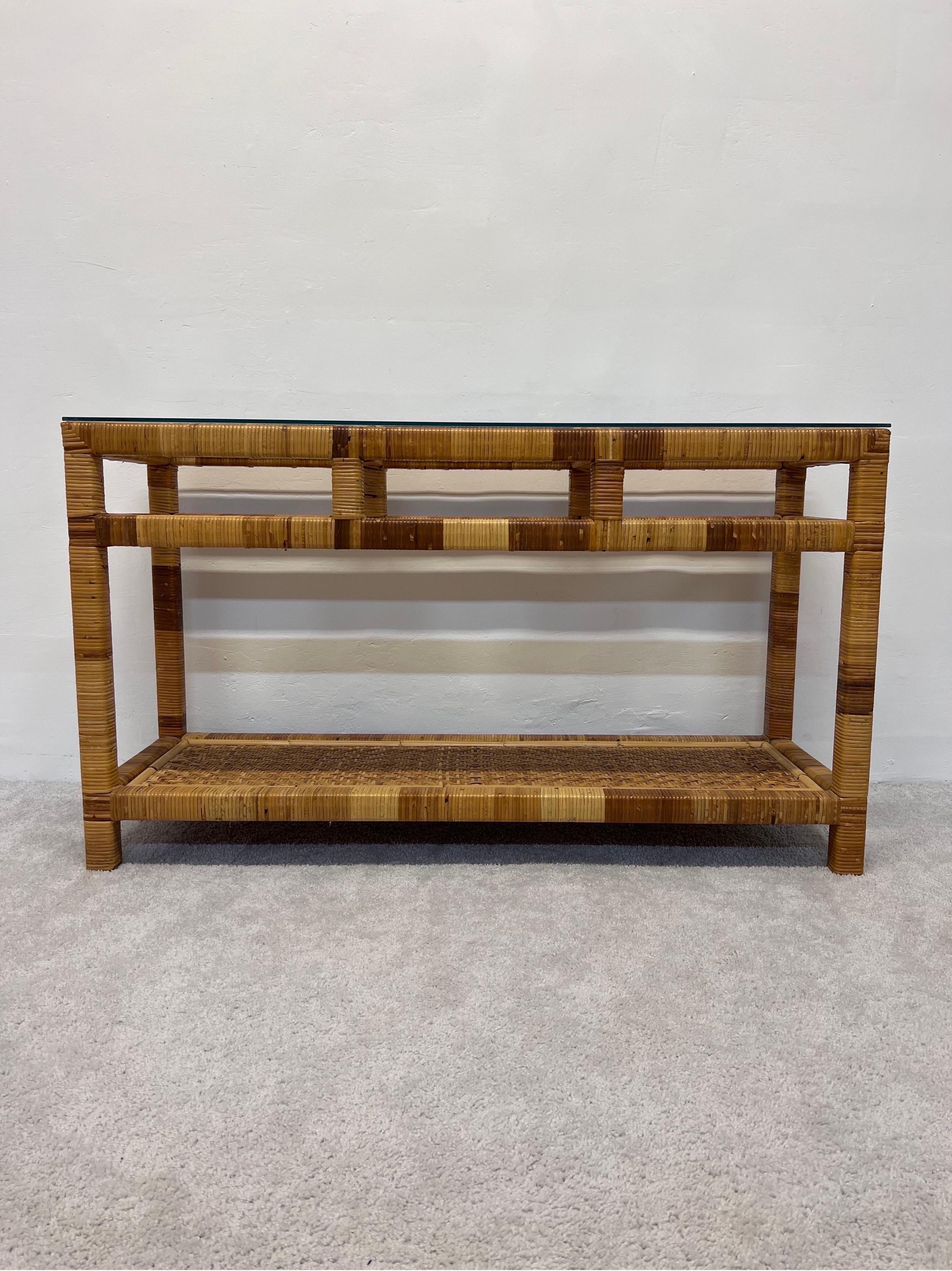 Mid-Century Rattan and Glass Top Console Table For Sale 8