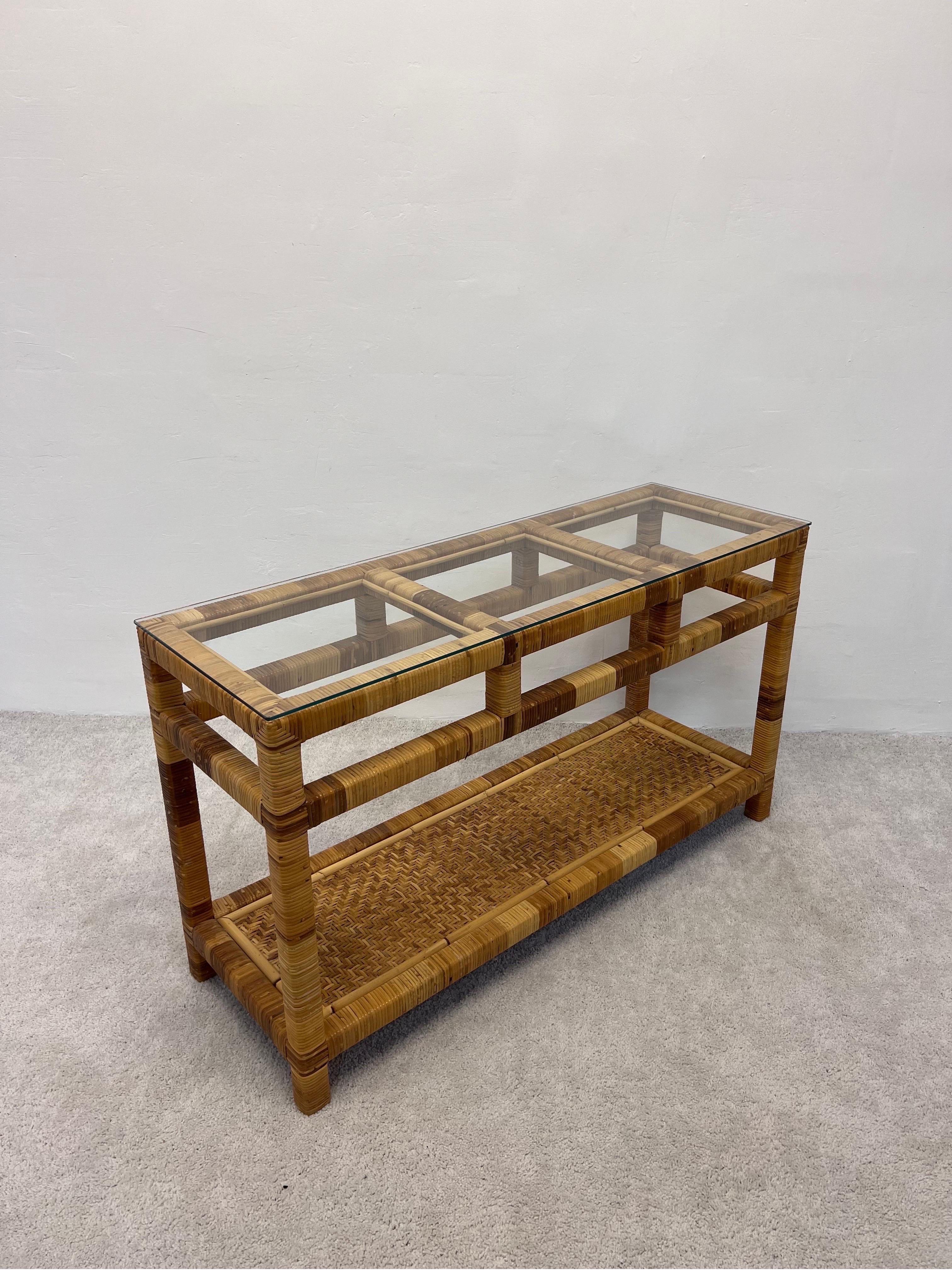 Mid-Century Modern Mid-Century Rattan and Glass Top Console Table For Sale