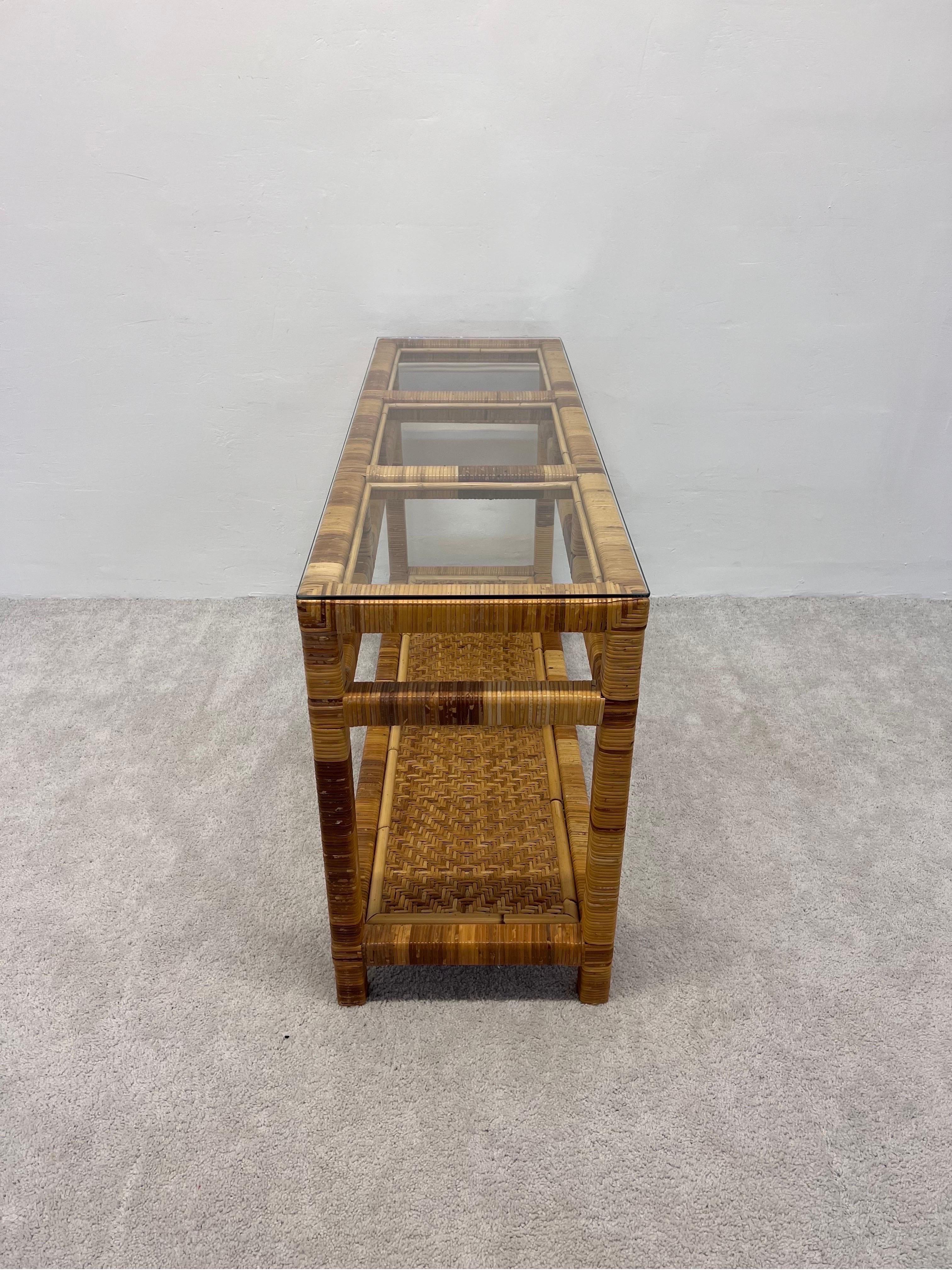 Unknown Mid-Century Rattan and Glass Top Console Table For Sale