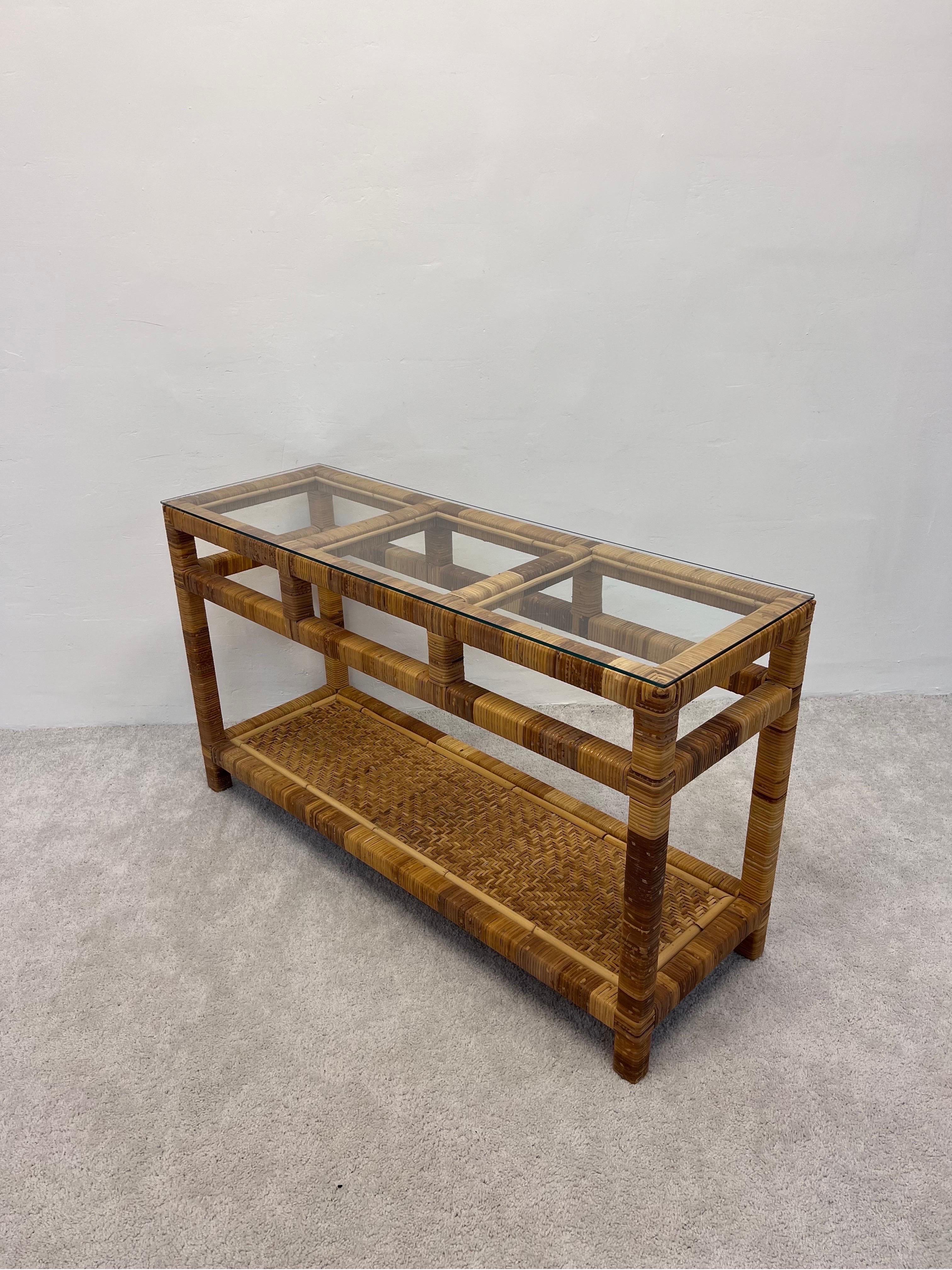 Mid-Century Rattan and Glass Top Console Table In Good Condition For Sale In Miami, FL