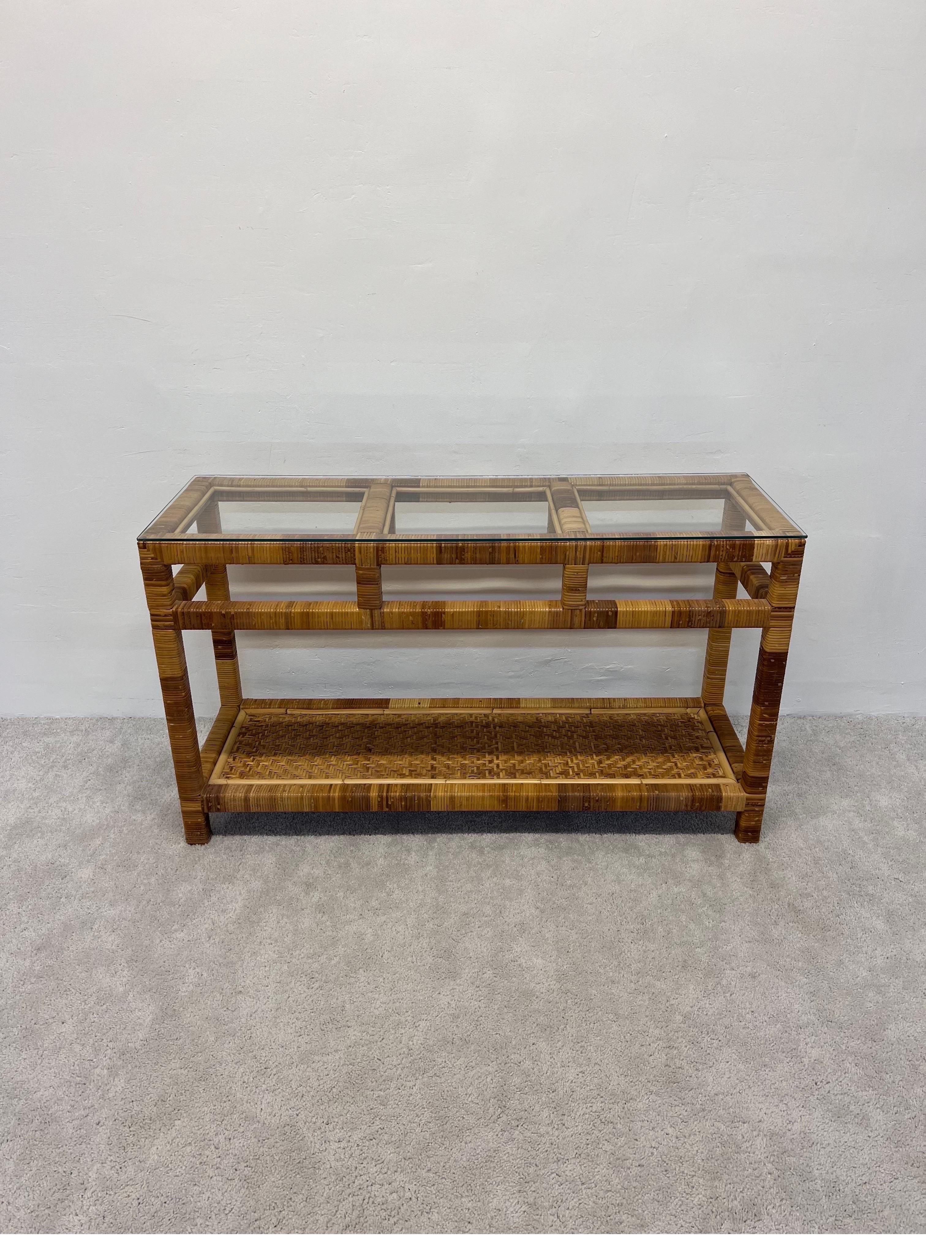 20th Century Mid-Century Rattan and Glass Top Console Table For Sale