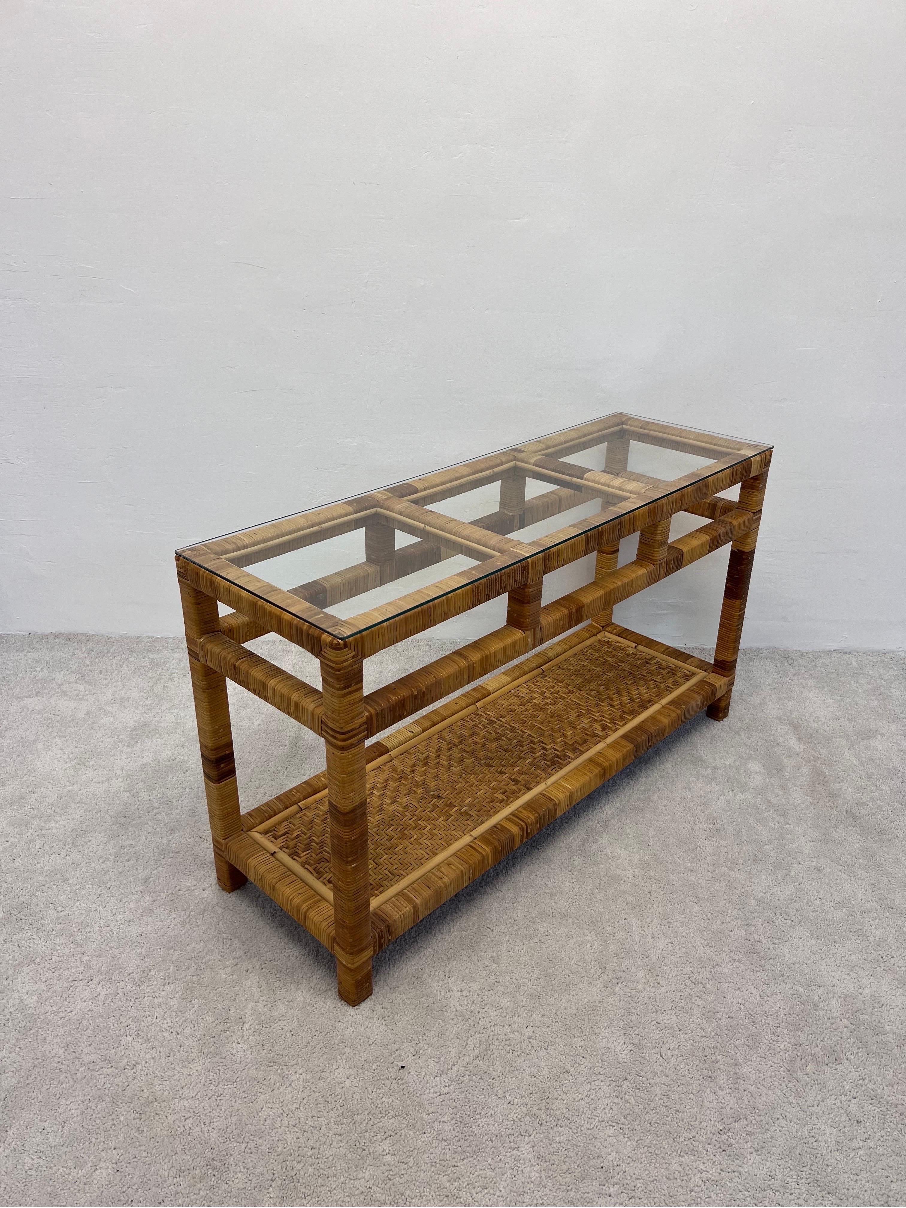 Mid-Century Rattan and Glass Top Console Table For Sale 1