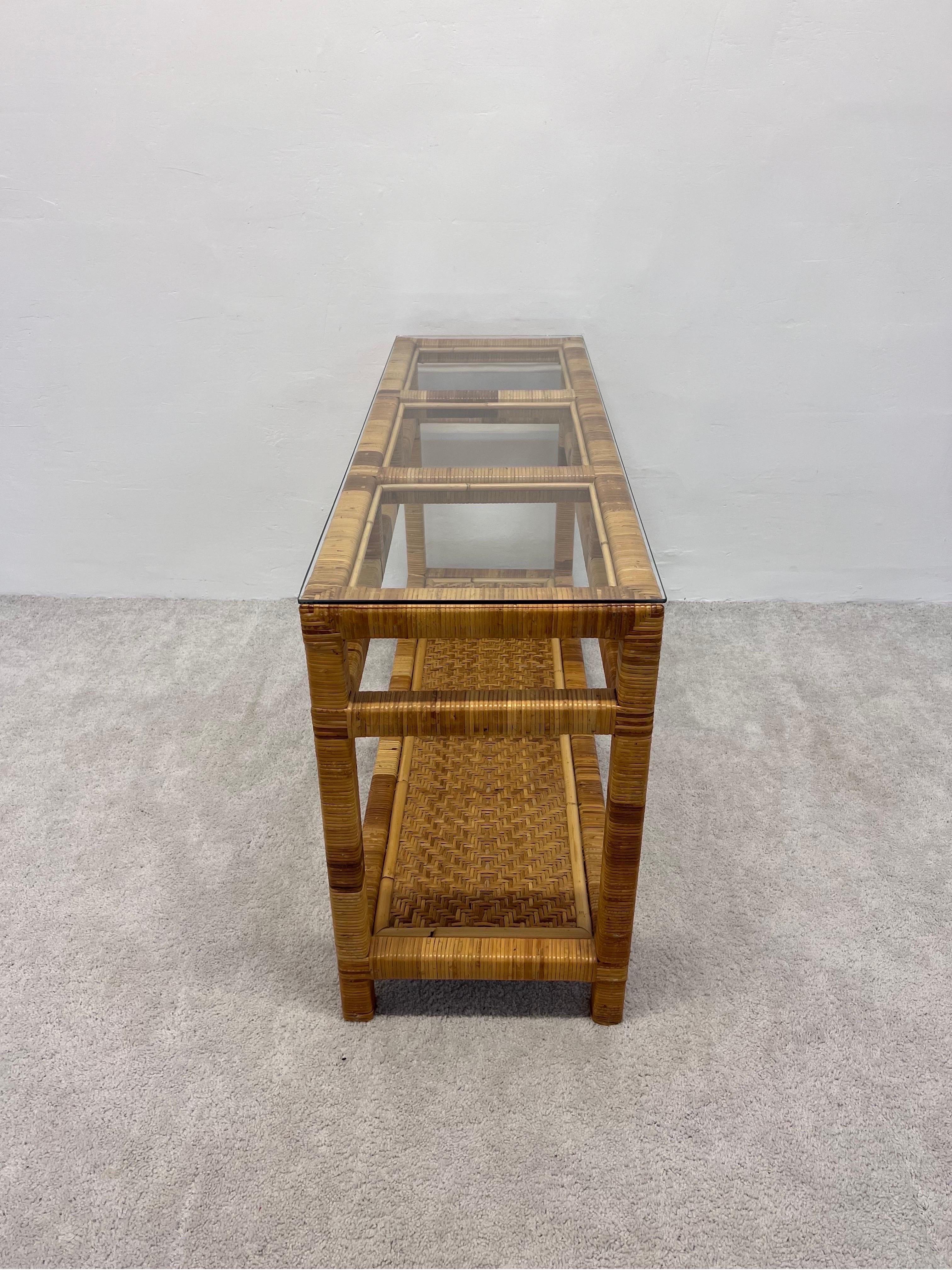 Mid-Century Rattan and Glass Top Console Table For Sale 2