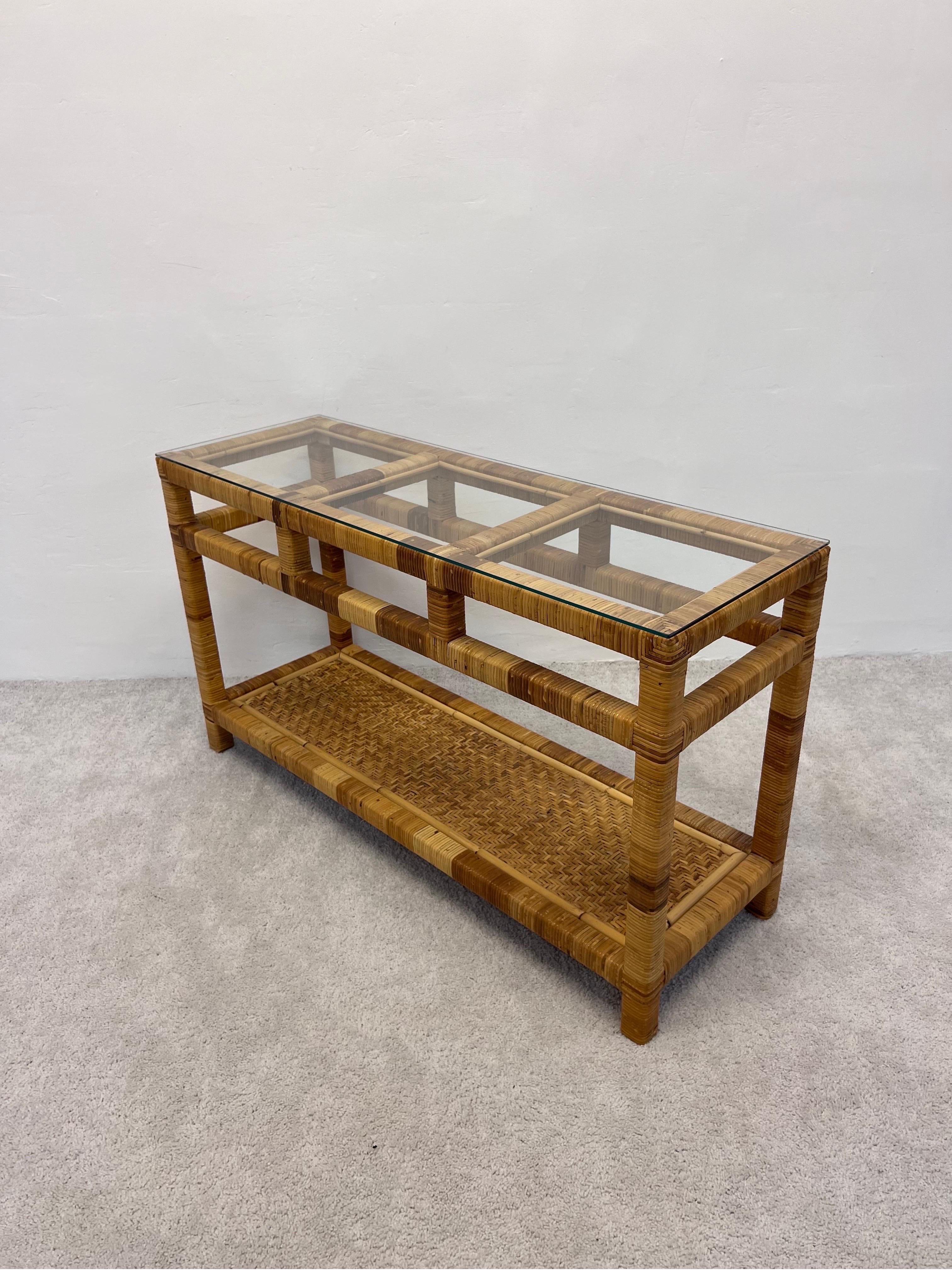Mid-Century Rattan and Glass Top Console Table For Sale 3
