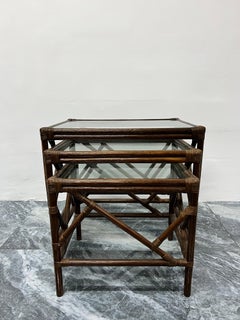 Mid-Century Rattan and Glass Top Nesting Tables, Set of Three