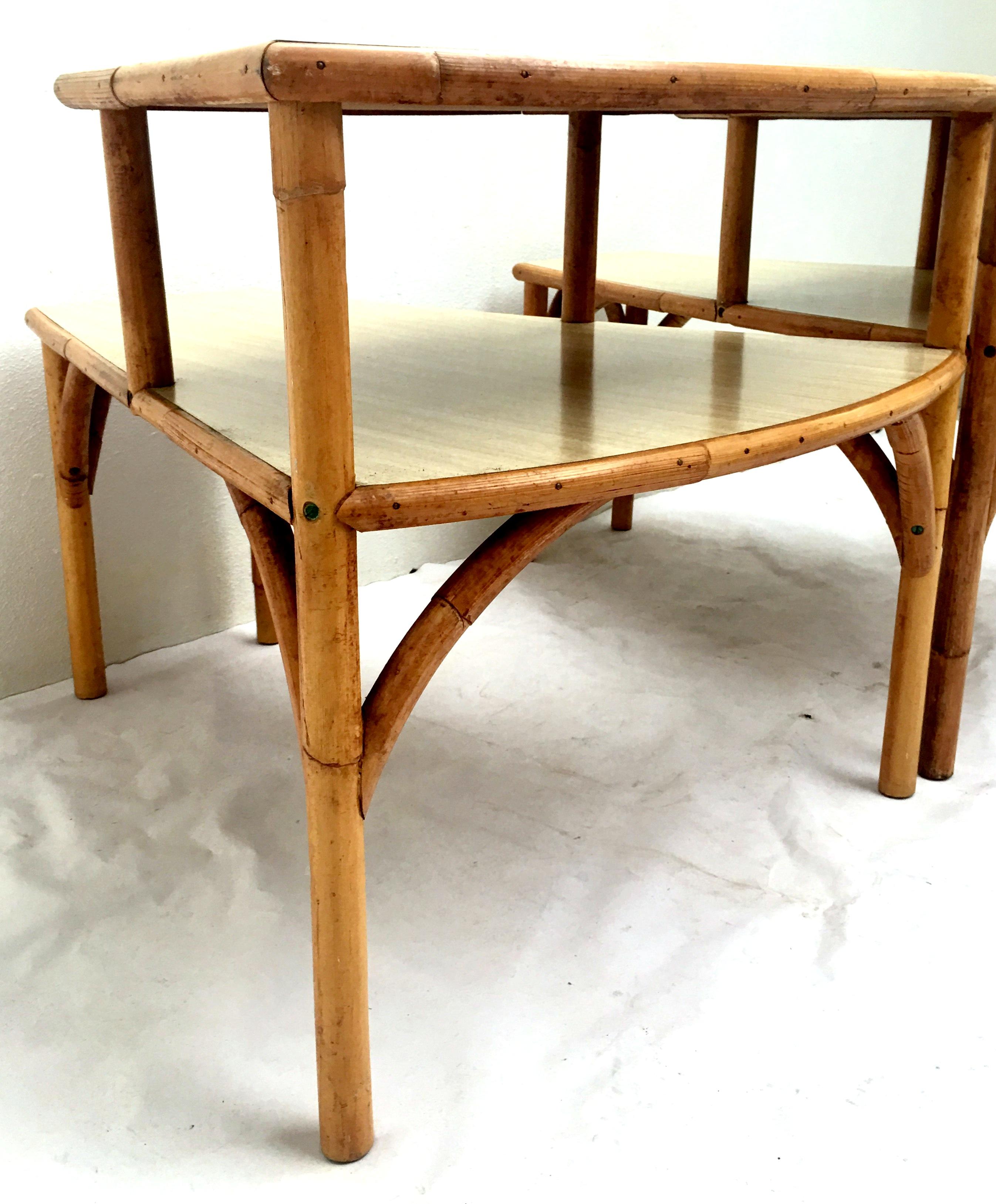 Midcentury Rattan and Laminate Top Two-Tier Side Table, Pair For Sale 4
