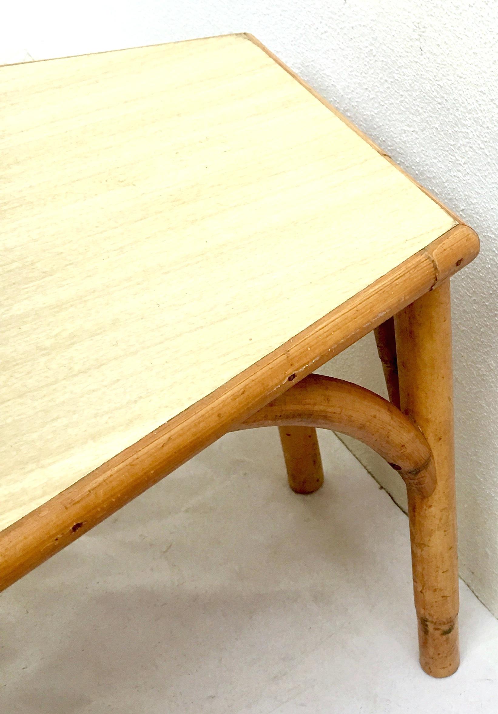 Midcentury Rattan and Laminate Top Two-Tier Side Table, Pair For Sale 5