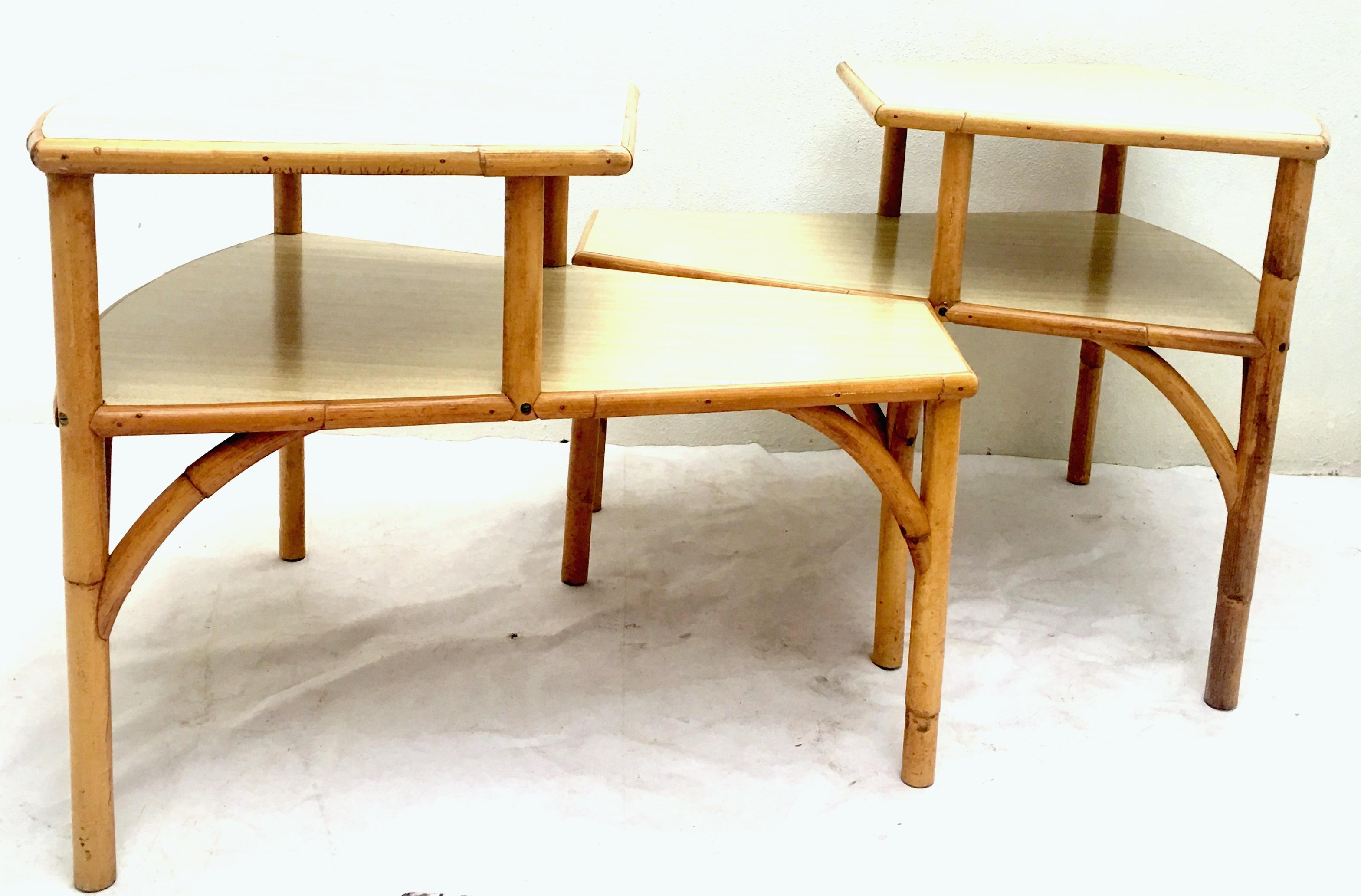 Mid-Century Modern Mid-Century Rattan and Laminate Top Two-Tier Side Table, Pair For Sale