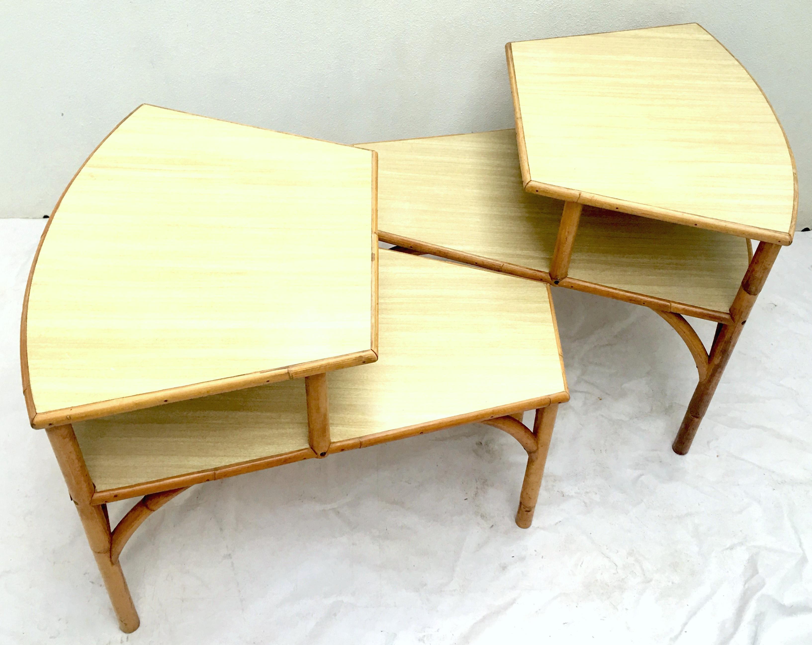 Mid-Century Rattan and Laminate Top Two-Tier Side Table, Pair In Good Condition For Sale In West Palm Beach, FL