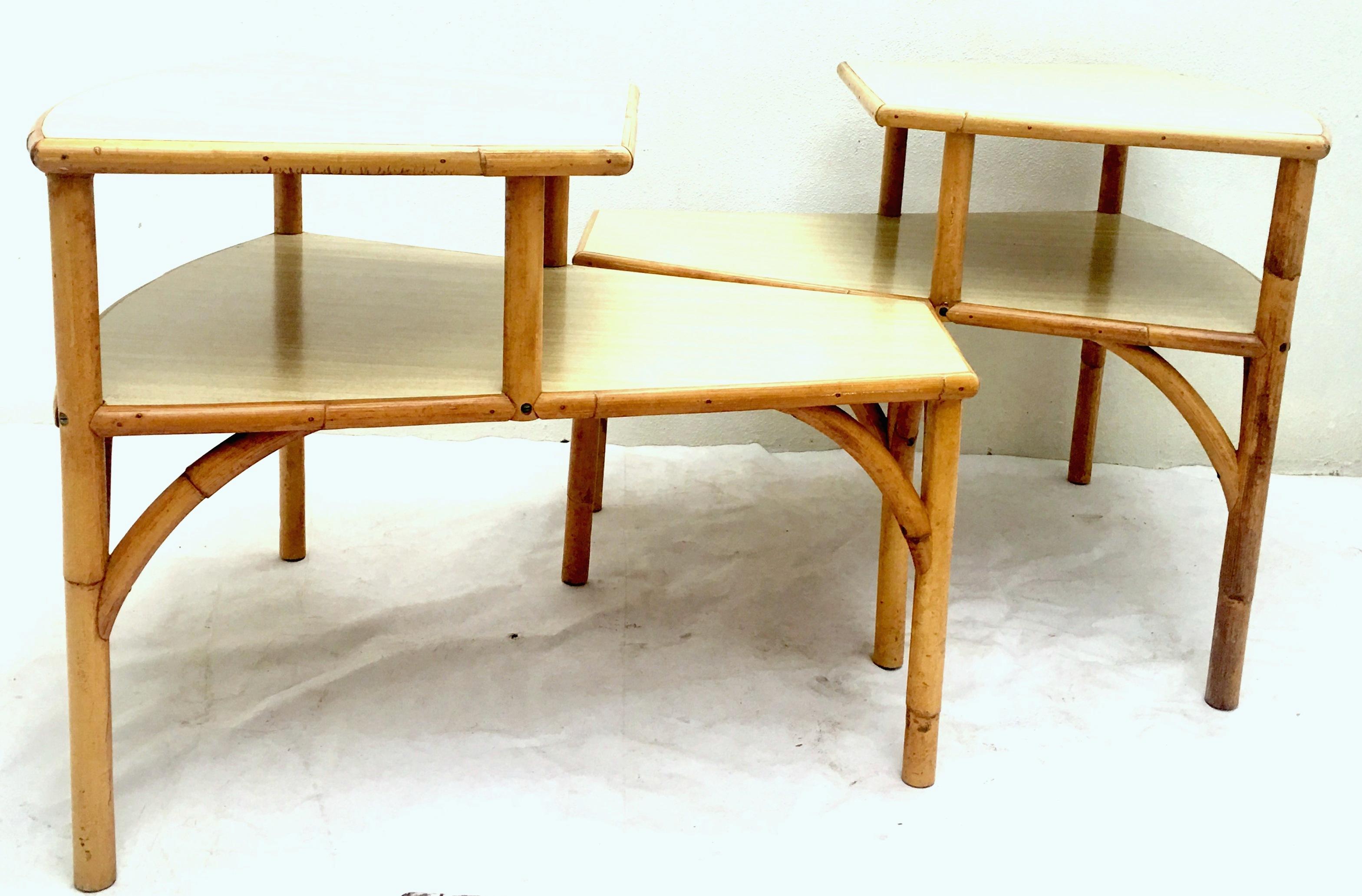Mid-Century Modern Midcentury Rattan and Laminate Top Two-Tier Side Table, Pair For Sale