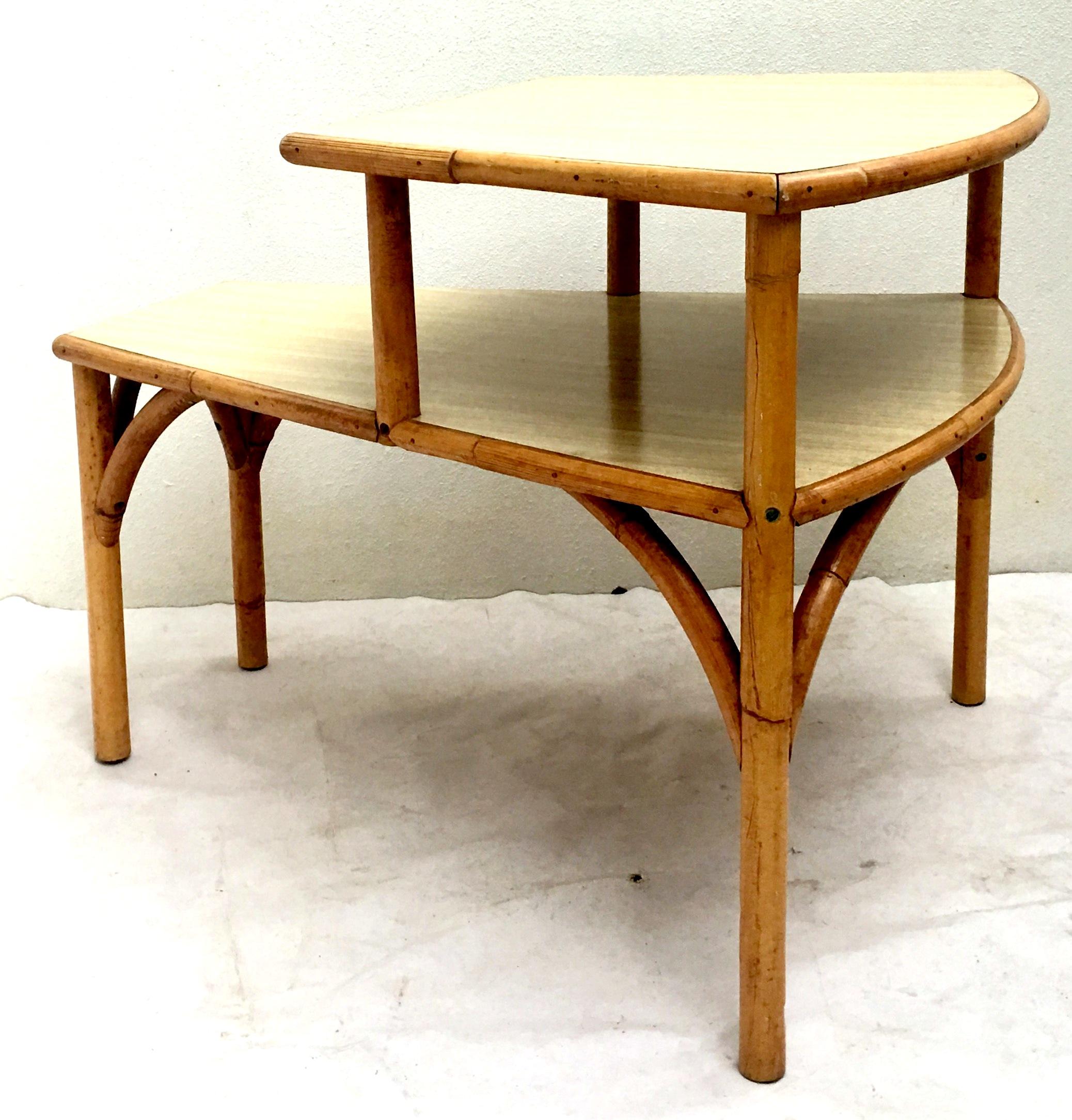 Mid-Century Rattan and Laminate Top Two-Tier Side Table, Pair For Sale 2