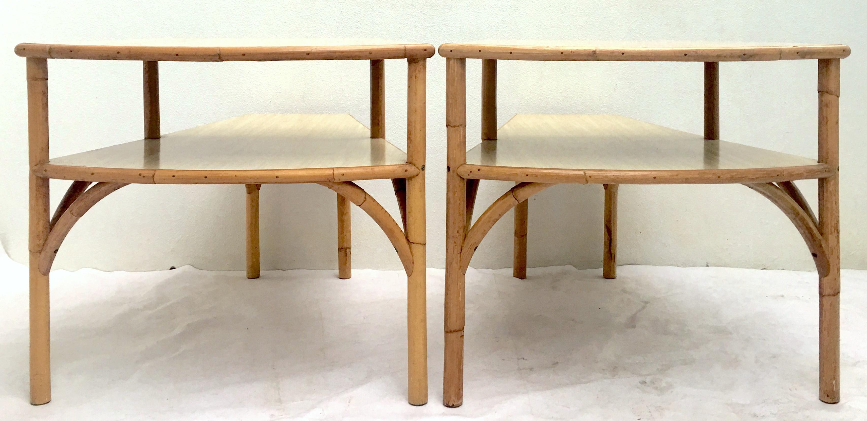 Midcentury Rattan and Laminate Top Two-Tier Side Table, Pair In Good Condition For Sale In West Palm Beach, FL
