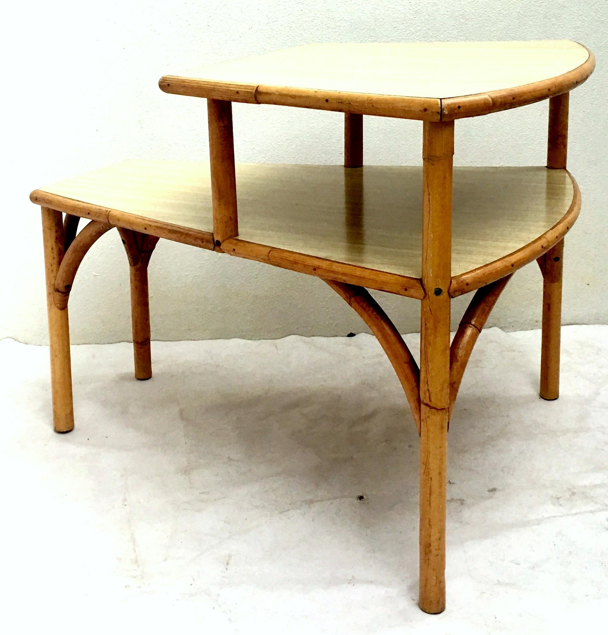 20th Century Midcentury Rattan and Laminate Top Two-Tier Side Table, Pair For Sale