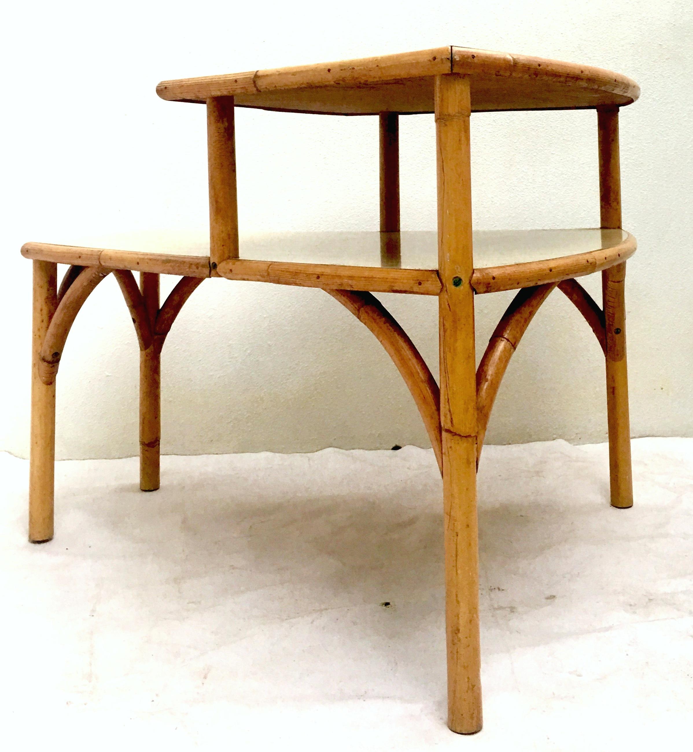 Midcentury Rattan and Laminate Top Two-Tier Side Table, Pair For Sale 1