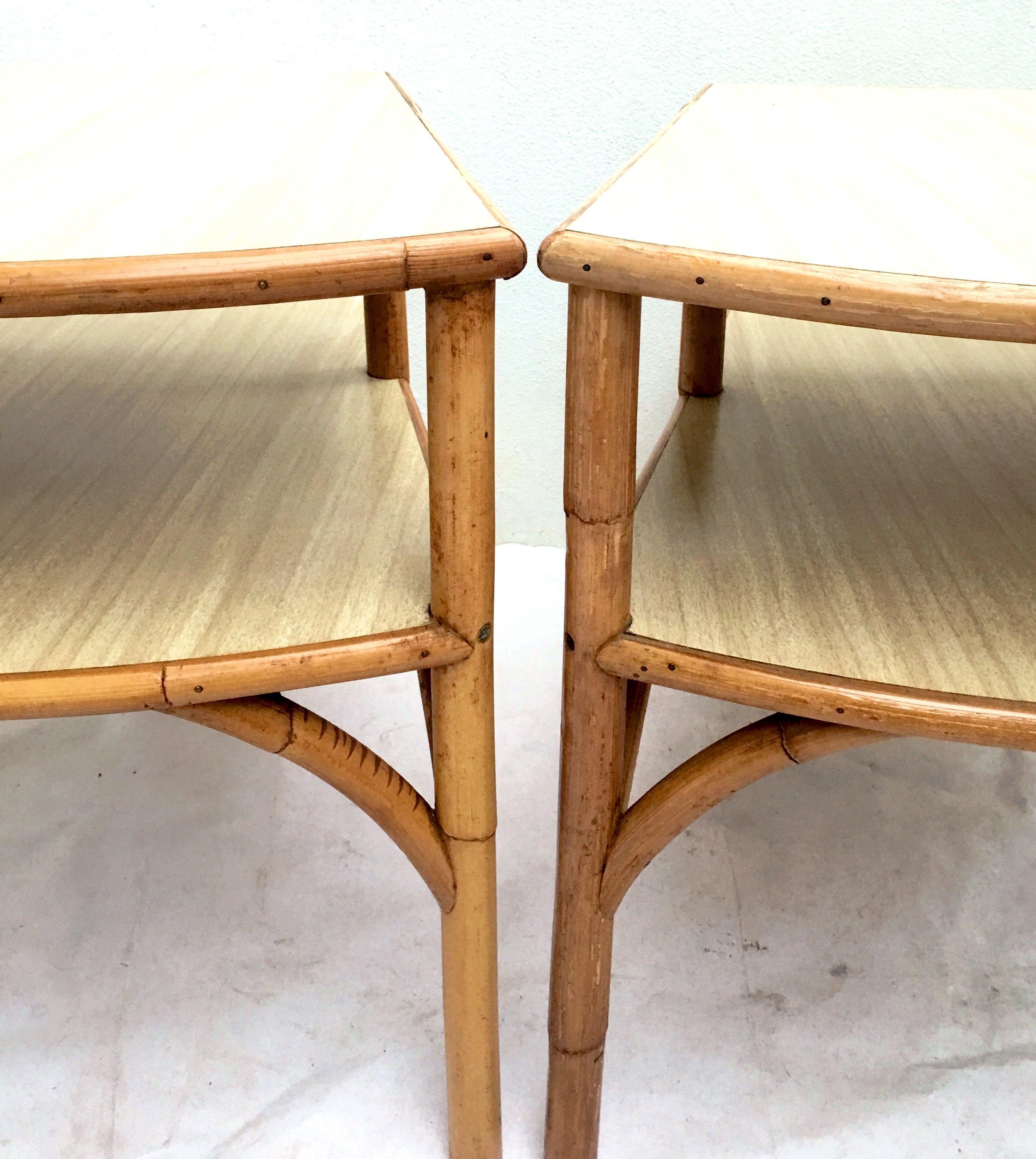 Mid-Century Rattan and Laminate Top Two-Tier Side Table, Pair For Sale 1