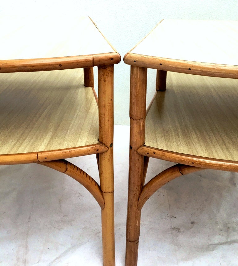 Midcentury Rattan and Laminate Top TwoTier Side Table, Pair For Sale