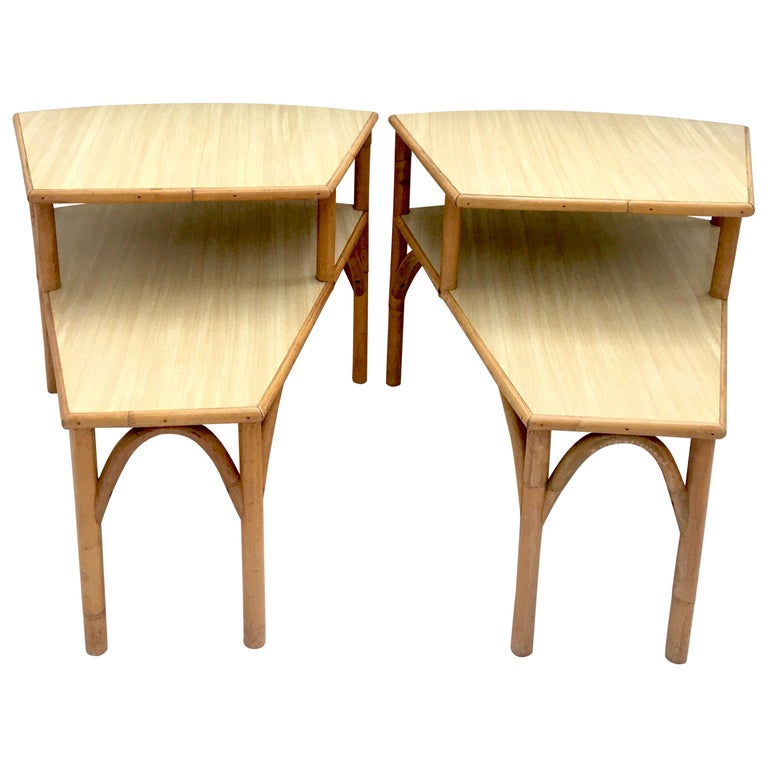 Midcentury Rattan and Laminate Top Two-Tier Side Table, Pair For Sale ...