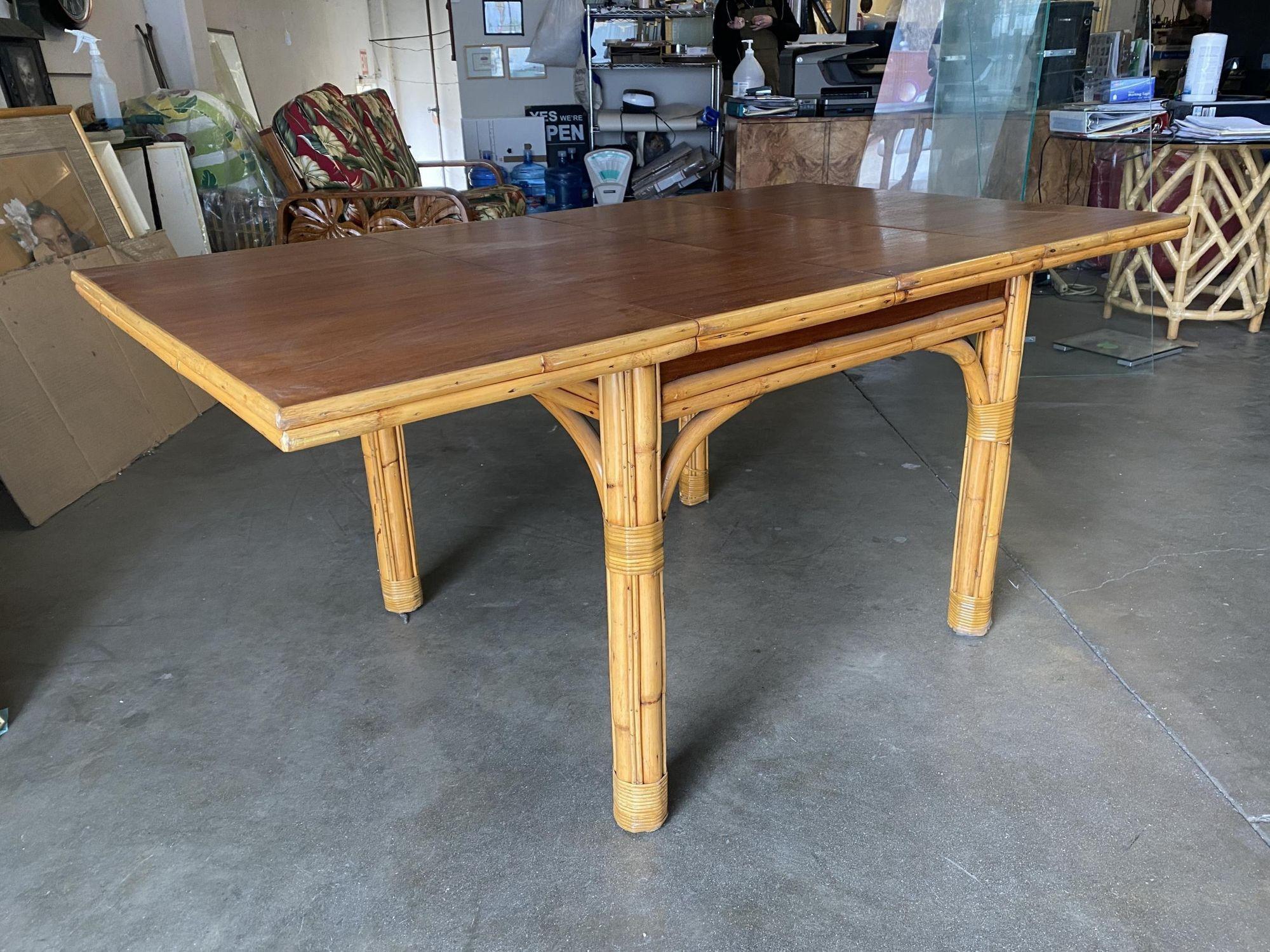 Mid Century Rattan and Mahogany Expandable Dining Table w/ Leaves For Sale 7