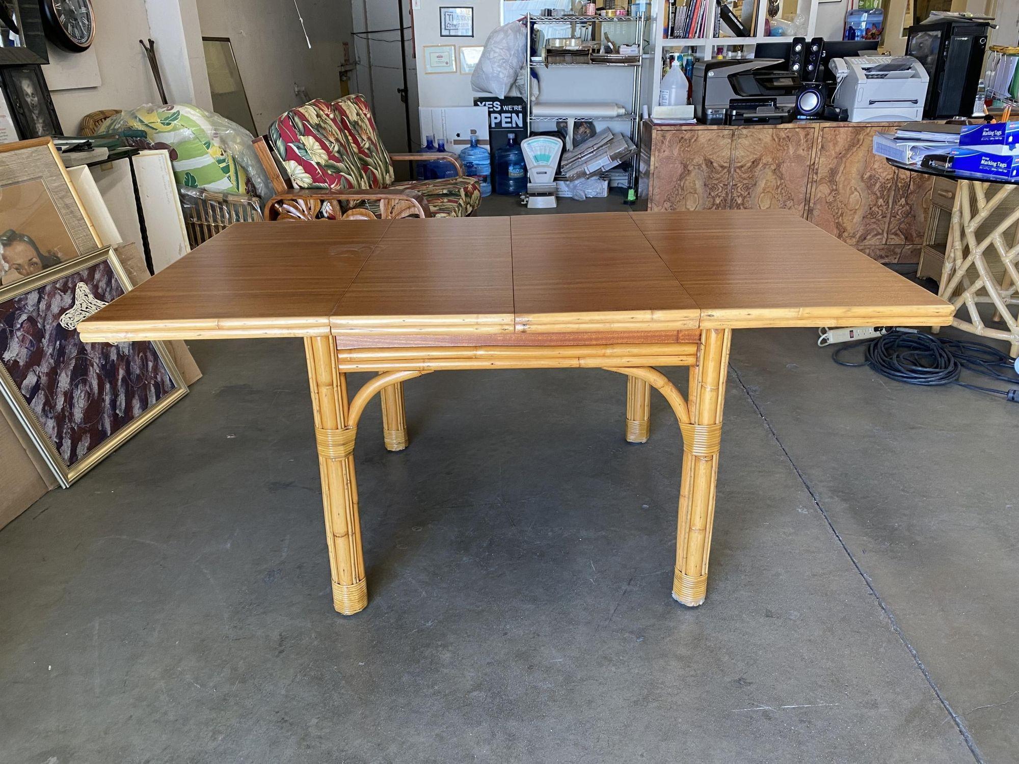 Mid-Century Modern Mid Century Rattan and Mahogany Expandable Dining Table w/ Leaves For Sale