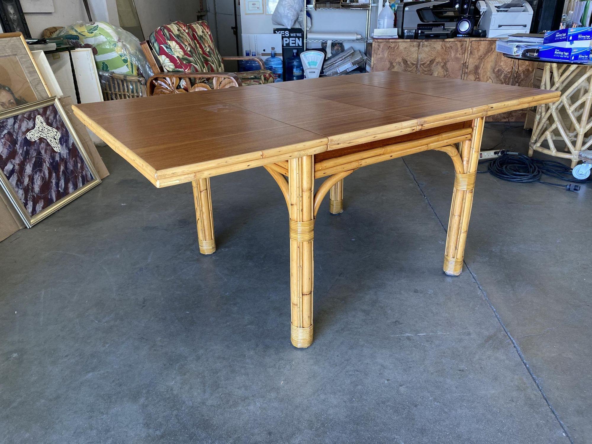 American Mid Century Rattan and Mahogany Expandable Dining Table w/ Leaves For Sale