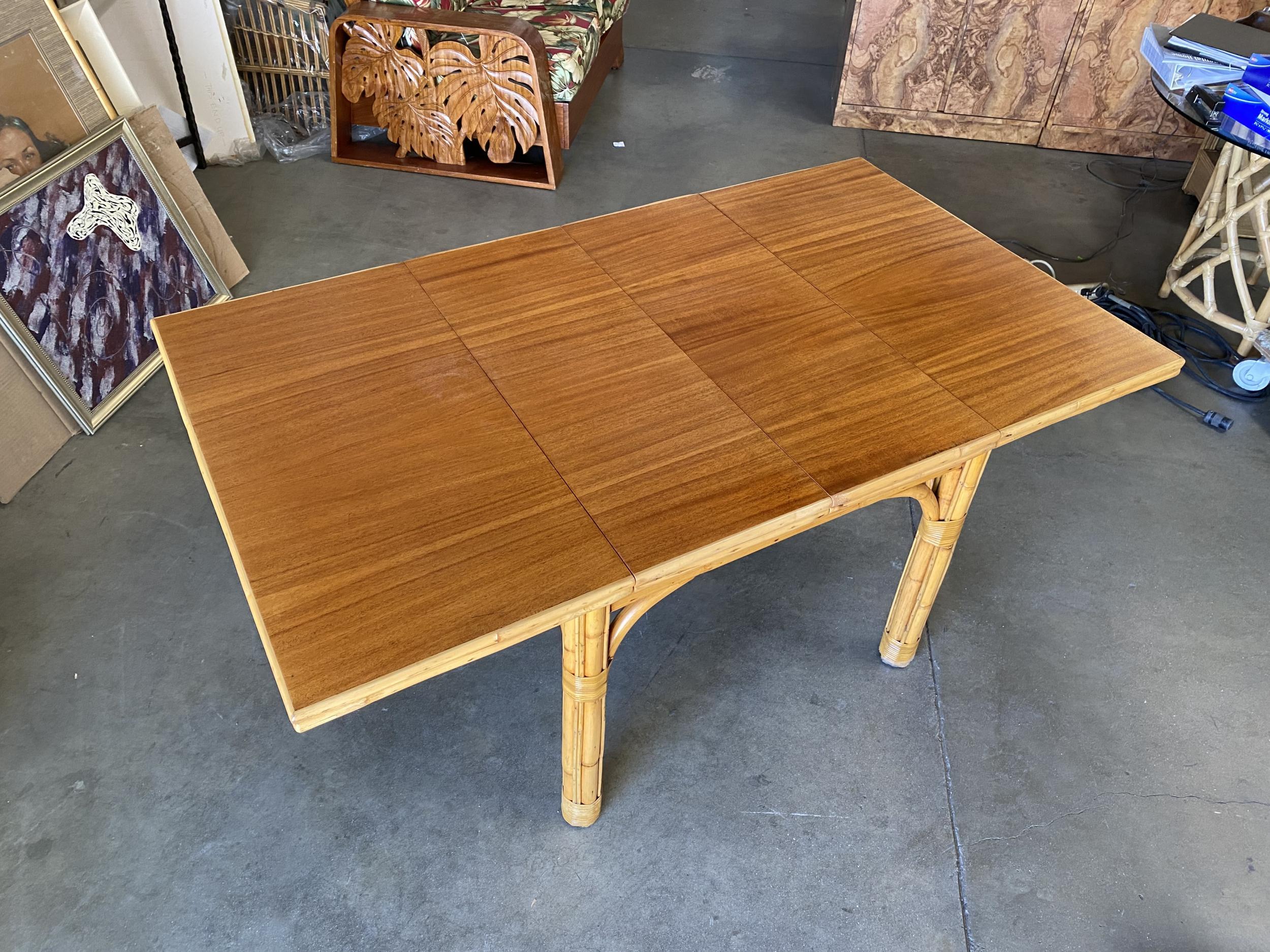 Mid-20th Century Mid Century Rattan and Mahogany Expandable Dining Table w/ Leaves