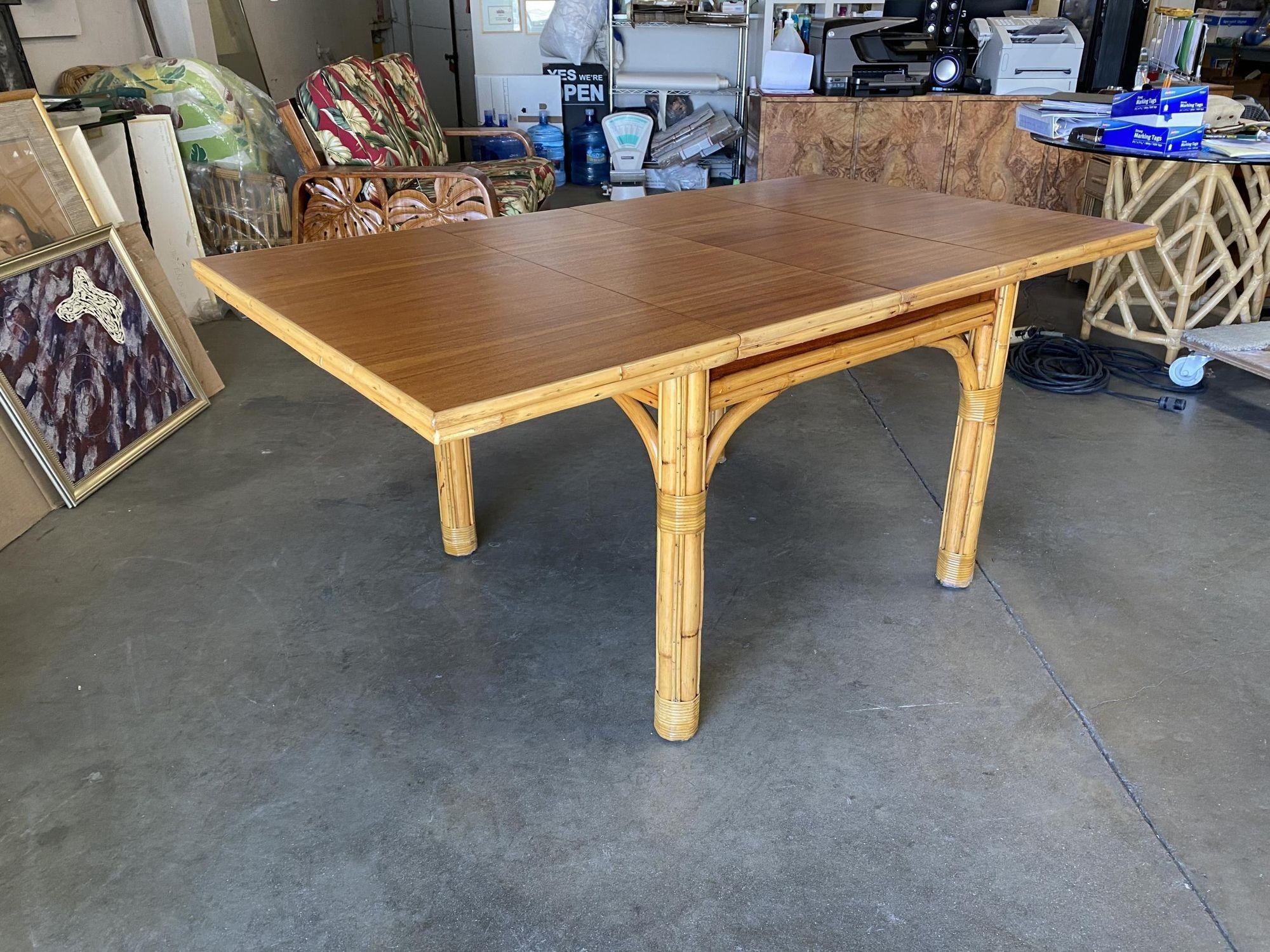 Mid Century Rattan and Mahogany Expandable Dining Table w/ Leaves For Sale 2
