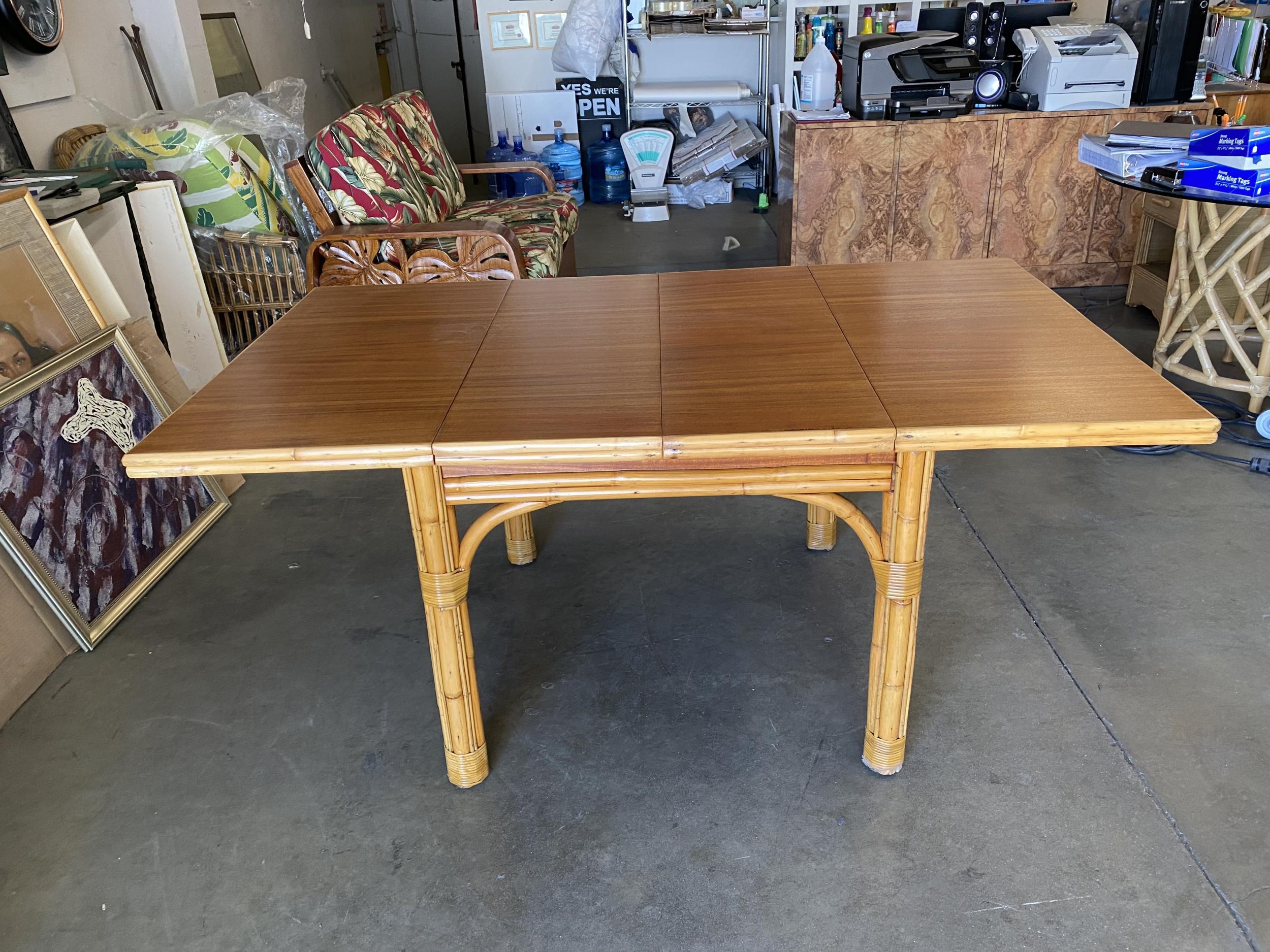 Mid Century Rattan and Mahogany Expandable Dining Table w/ Leaves 3