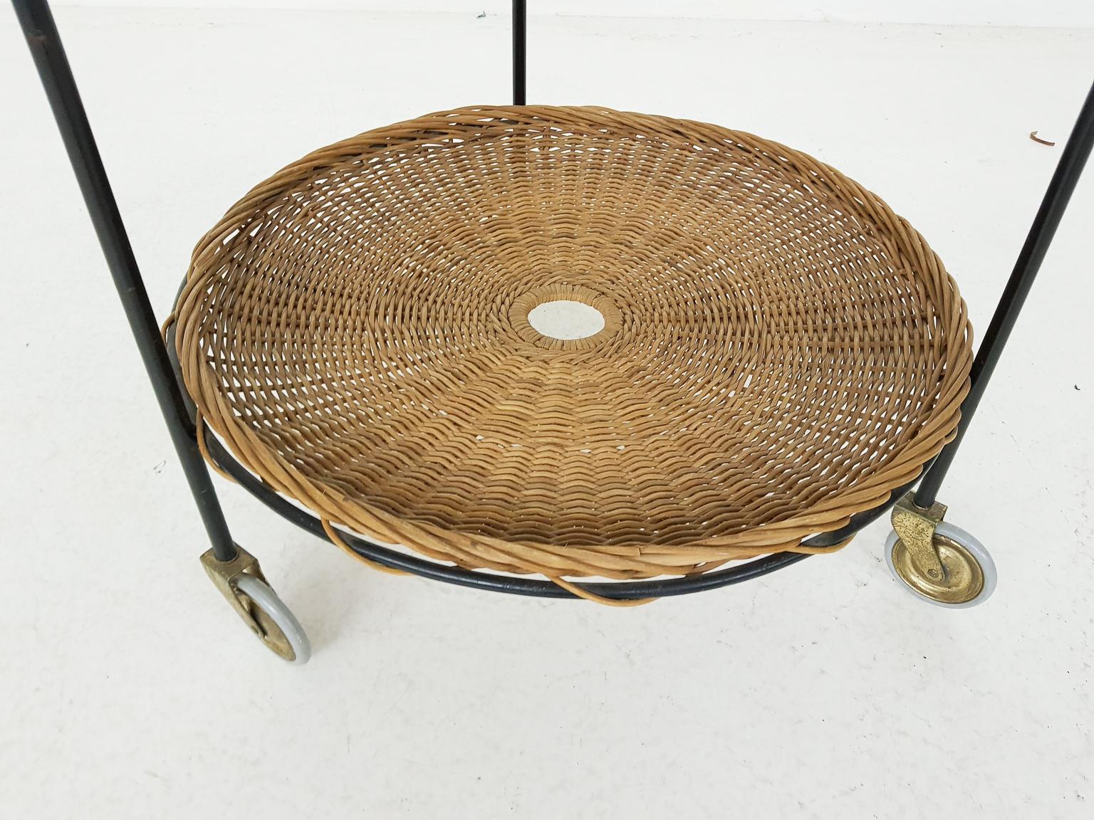 Midcentury Rattan and Metal Trolley, Bar Cart, Plant or Magazine Stand, 1960s 2