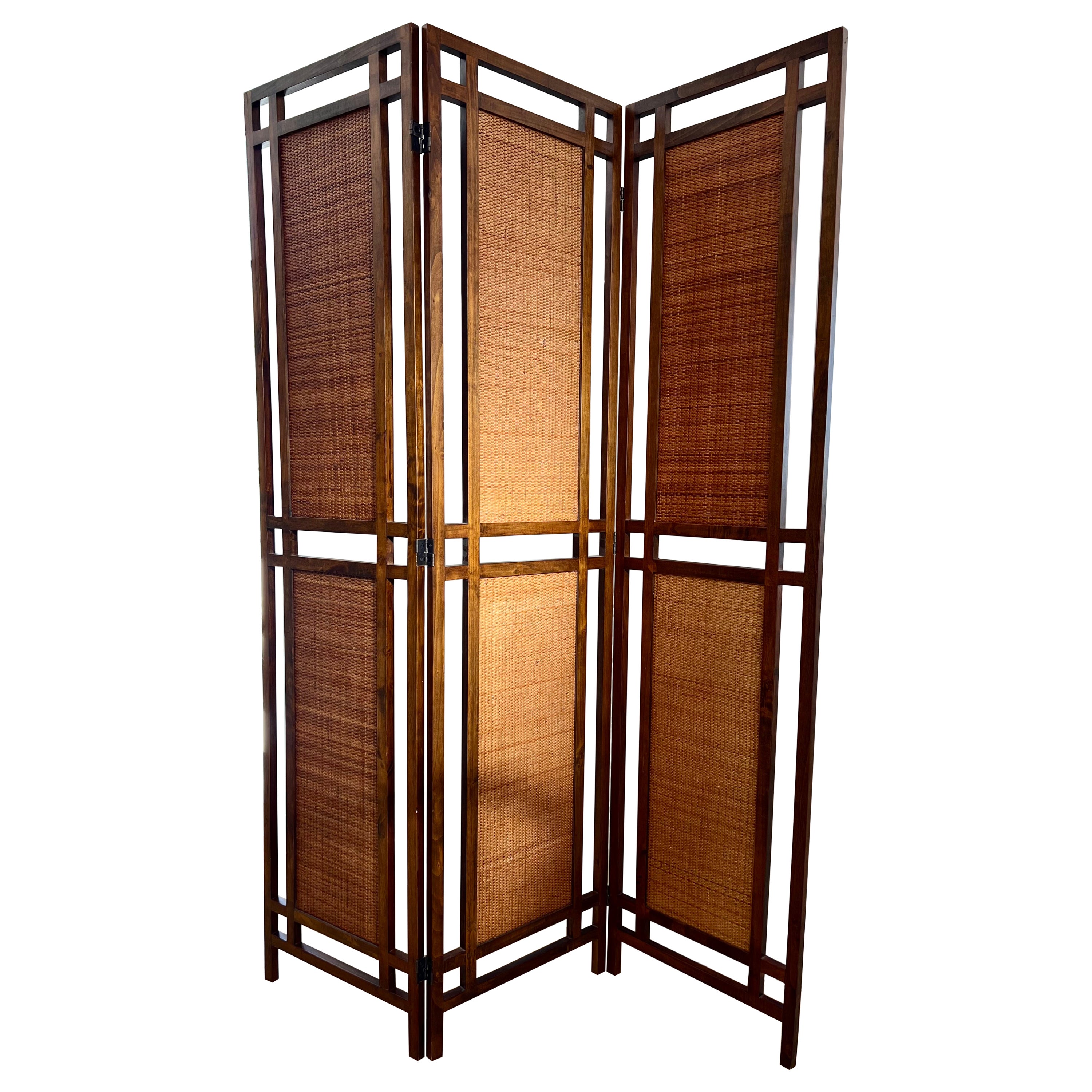 Mid Century Rattan and Teak Folding Room Divider Screen, 1960s