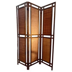 Mid Century Rattan and Teak Folding Room Divider Screen, 1960s
