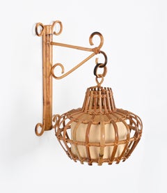 Mid-Century Rattan and Wicker "Lantern" Sconce, Louis Sognot, France, 1960s