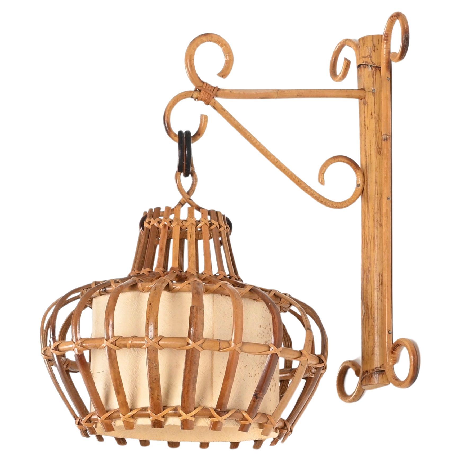 Mid-Century Rattan and Wicker "Lantern" Sconce, Louis Sognot, France, 1960s