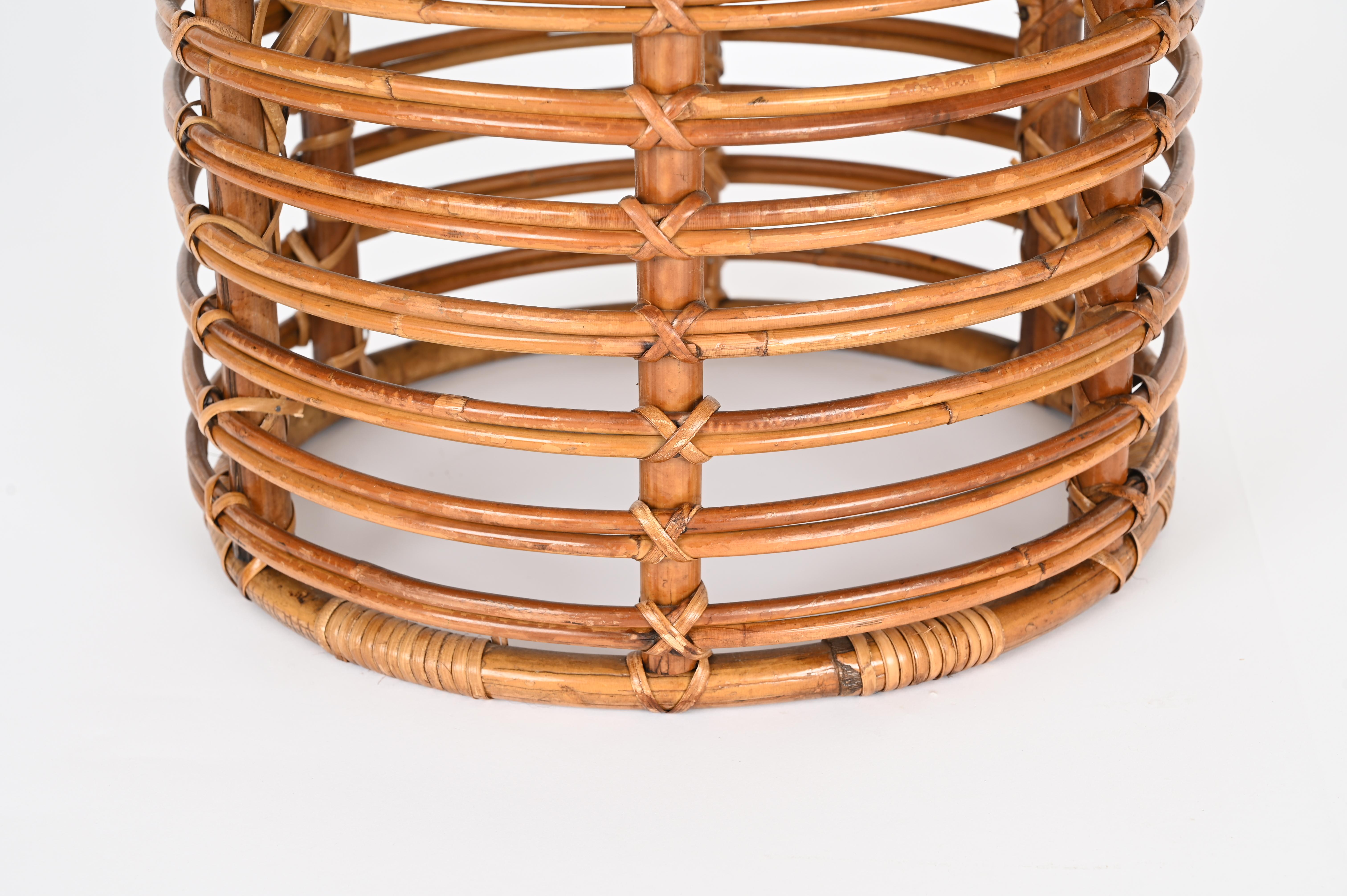Mid-Century Rattan and Wicker Red Round Pouf Stool by Tito Agnoli, Italy, 1960s For Sale 2