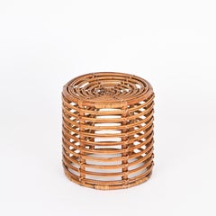 Mid-Century Rattan and Wicker Red Round Pouf Stool by Tito Agnoli, Italy, 1960s