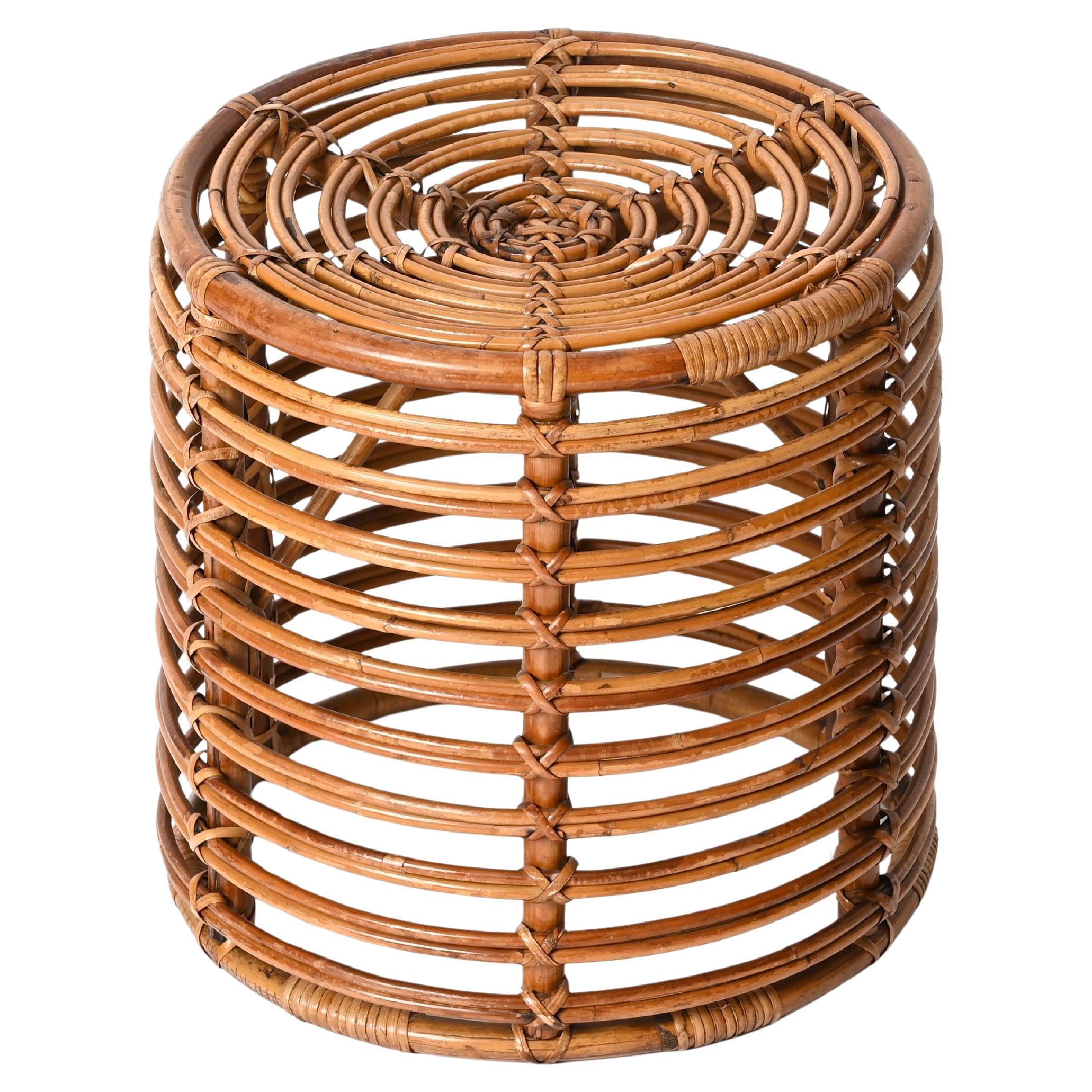 Mid-Century Rattan and Wicker Red Round Pouf Stool by Tito Agnoli, Italy, 1960s For Sale