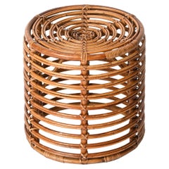 Mid-Century Rattan and Wicker Red Round Pouf Stool by Tito Agnoli, Italy, 1960s