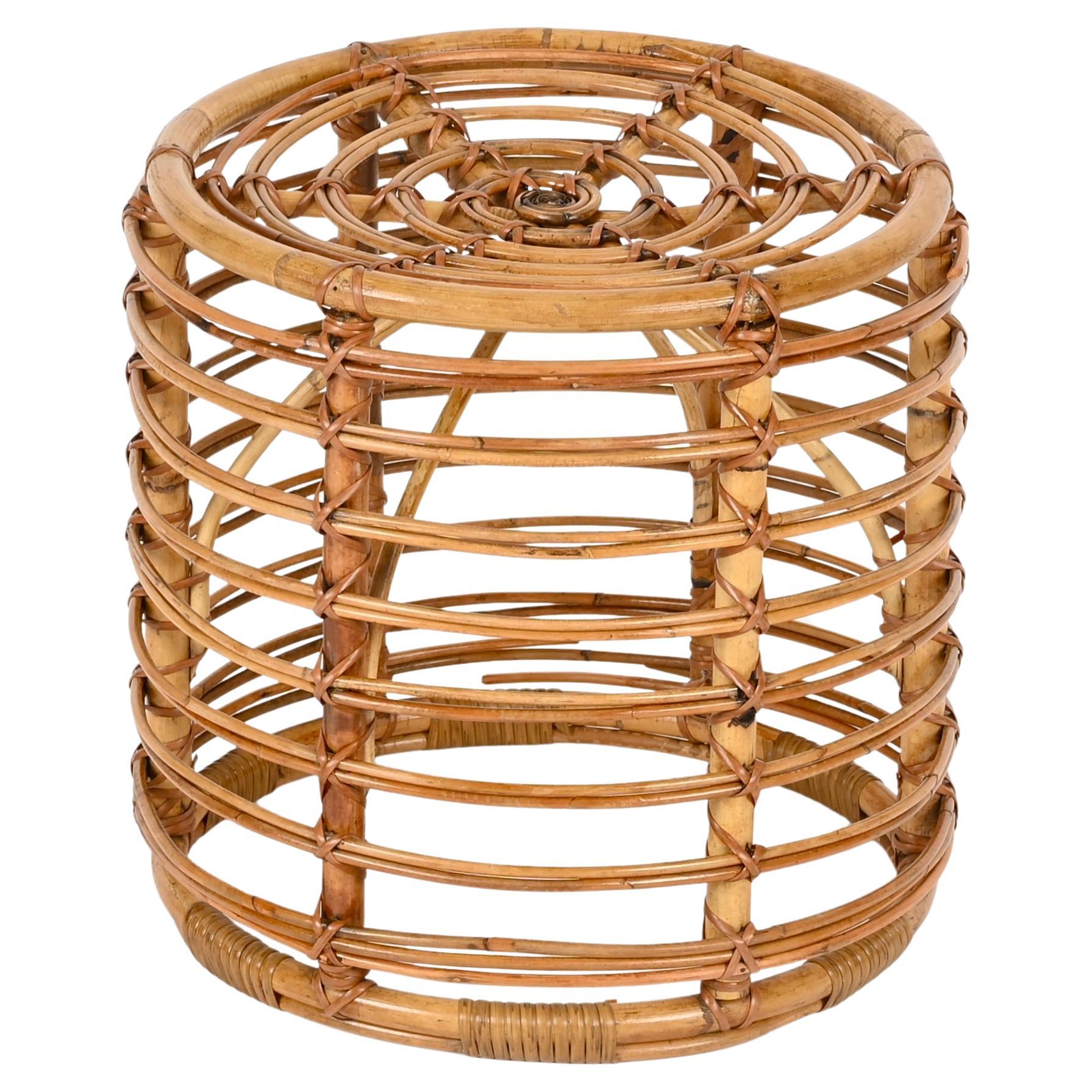 Mid-Century Rattan and Wicker Red Round Pouf Stool by Tito Agnoli, Italy, 1960s For Sale