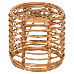 Mid-Century Rattan and Wicker Red Round Pouf Stool by Tito Agnoli, Italy, 1960s