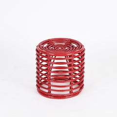 Taburete Puf Redondo de Ratán y Mimbre Rojo de Mitad de Siglo de Tito Agnoli, Italia, 1970