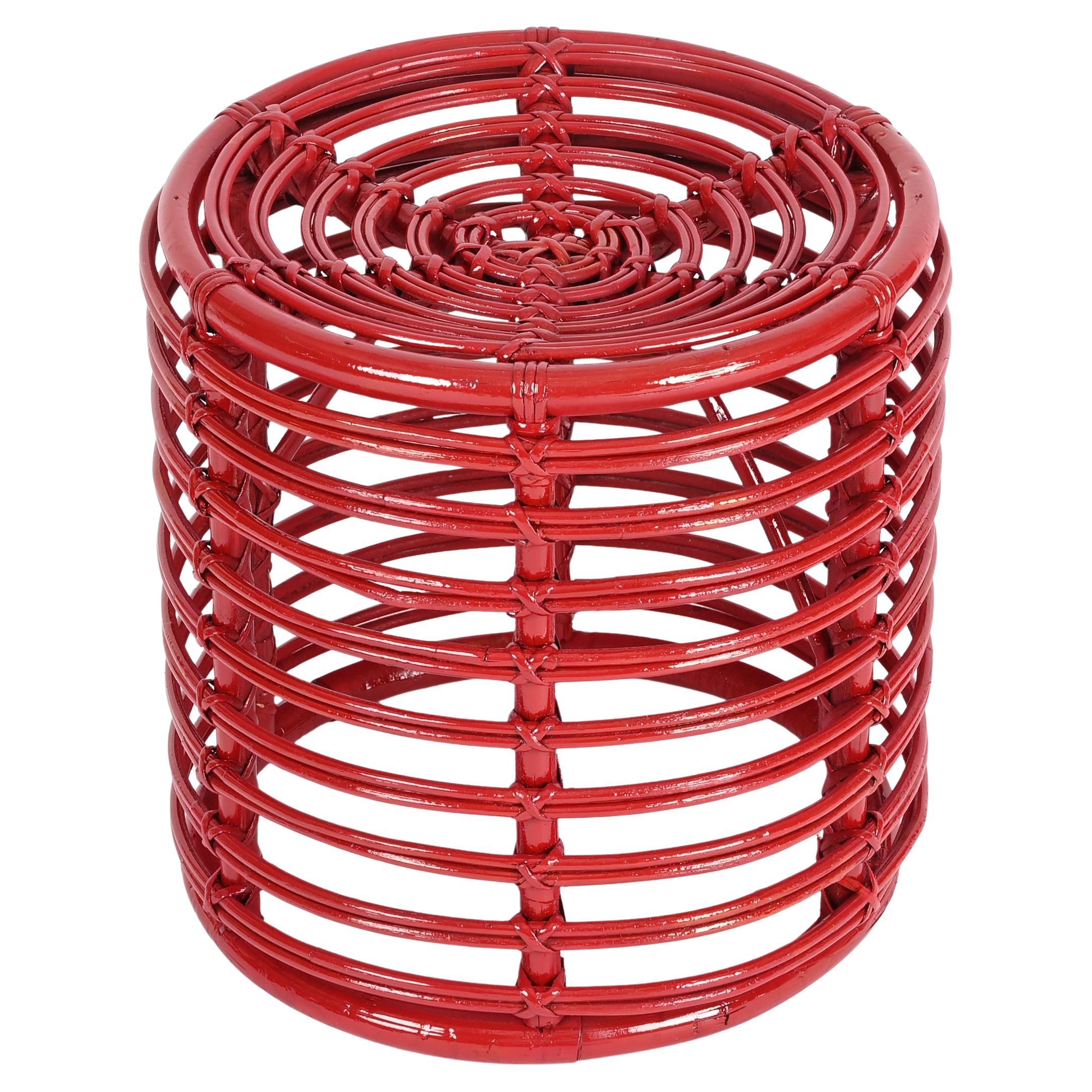 Mid-Century Rattan and Wicker Red Round Pouf Stool by Tito Agnoli, Italy, 1970s