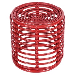 Mid-Century Rattan and Wicker Red Round Pouf Stool by Tito Agnoli, Italy, 1970s
