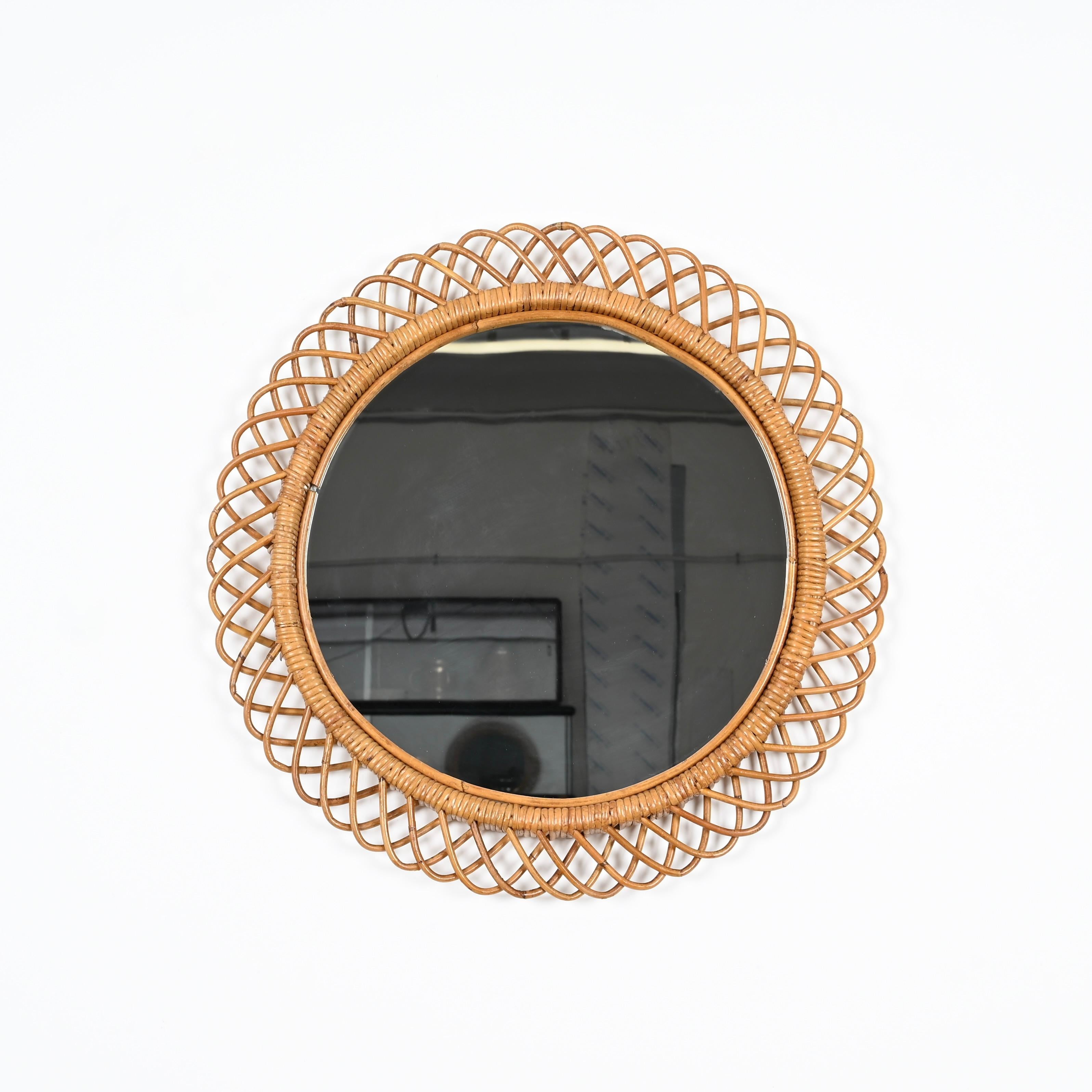 Specchio rotondo in vimini e rattan del metà del secolo scorso di Franco Albini, Italia anni '70 1
