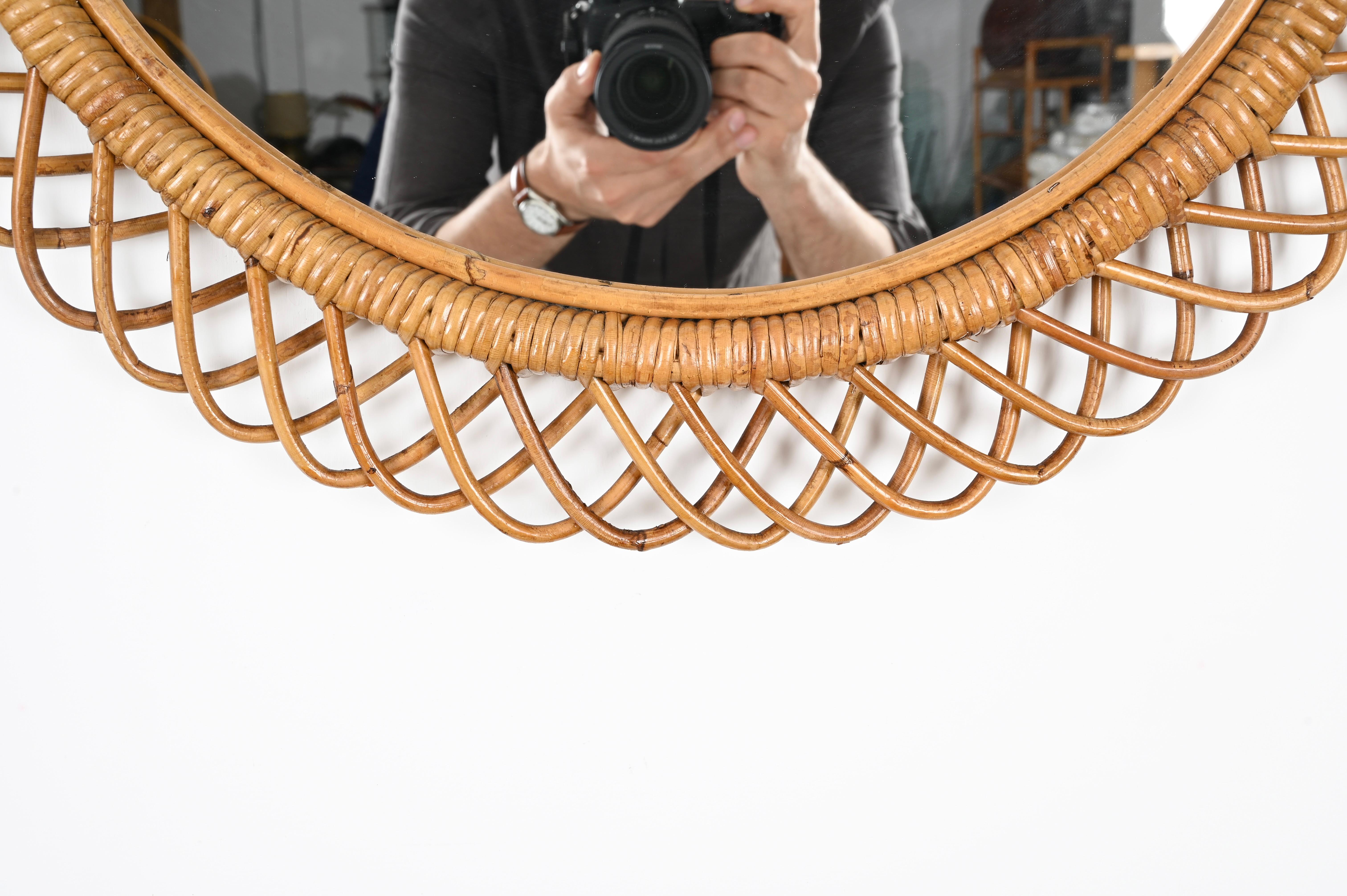 Specchio rotondo in vimini e rattan del metà del secolo scorso di Franco Albini, Italia anni '70 2