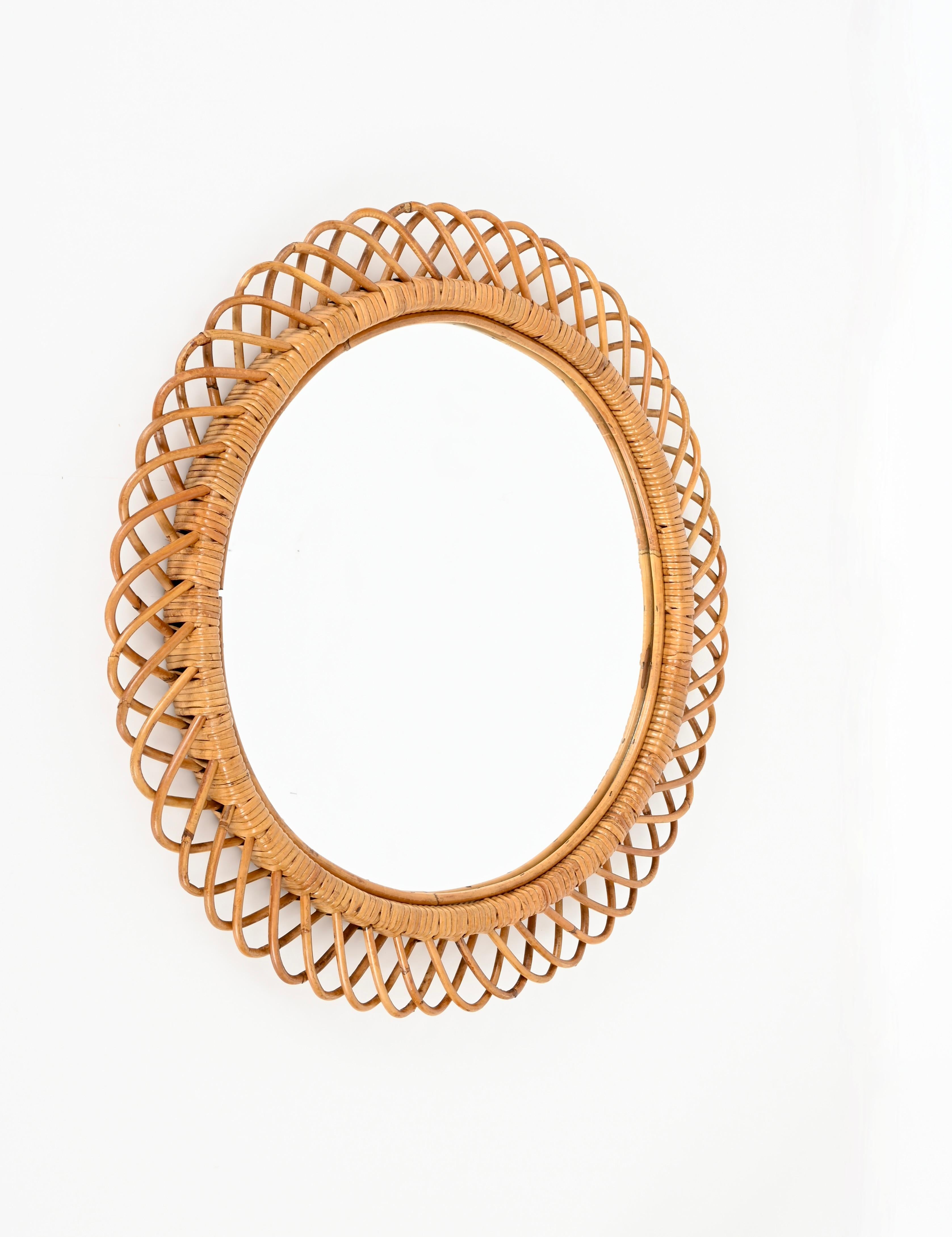 Specchio rotondo in vimini e rattan del metà del secolo scorso di Franco Albini, Italia anni '70 3