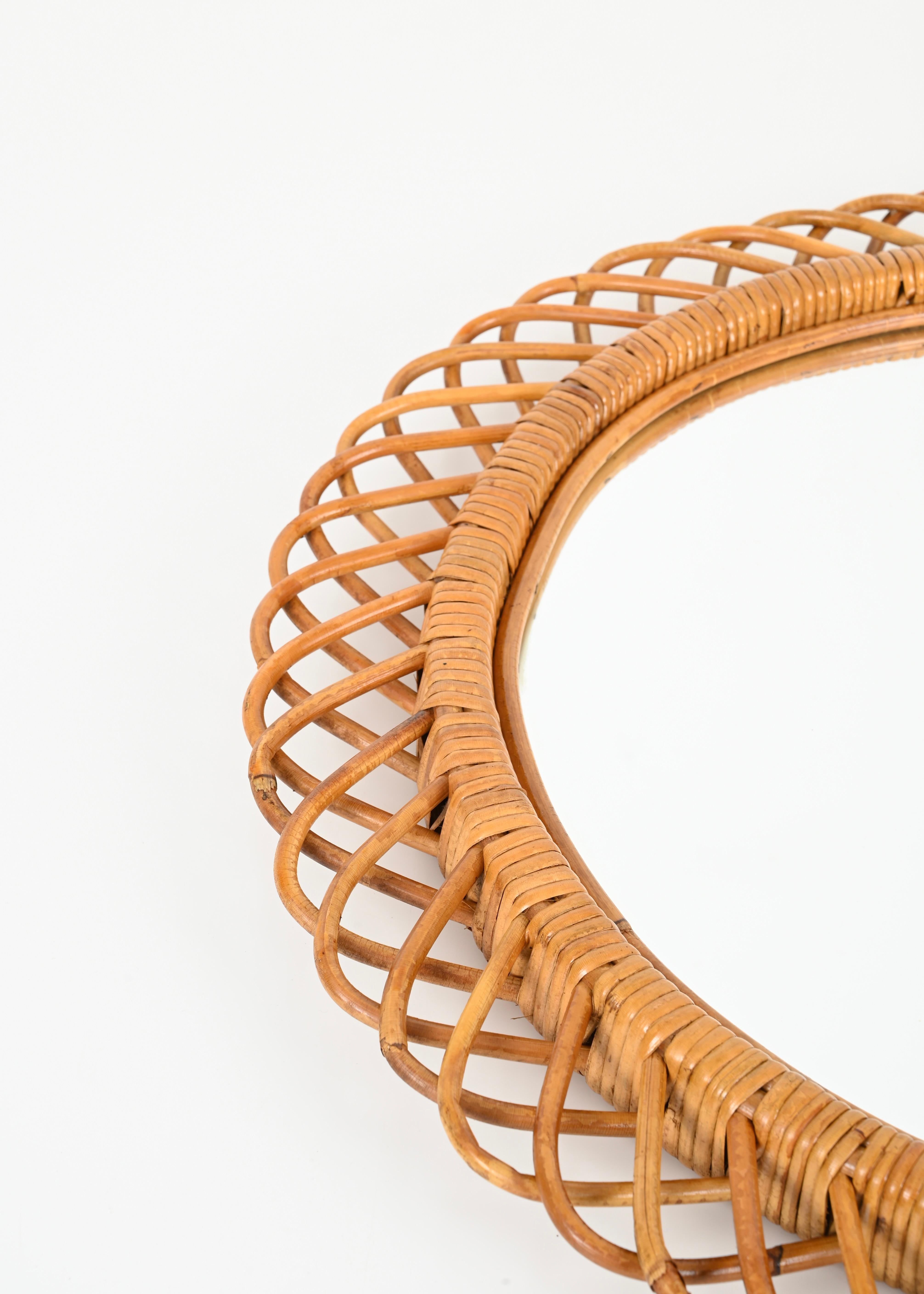 Specchio rotondo in vimini e rattan del metà del secolo scorso di Franco Albini, Italia anni '70 4