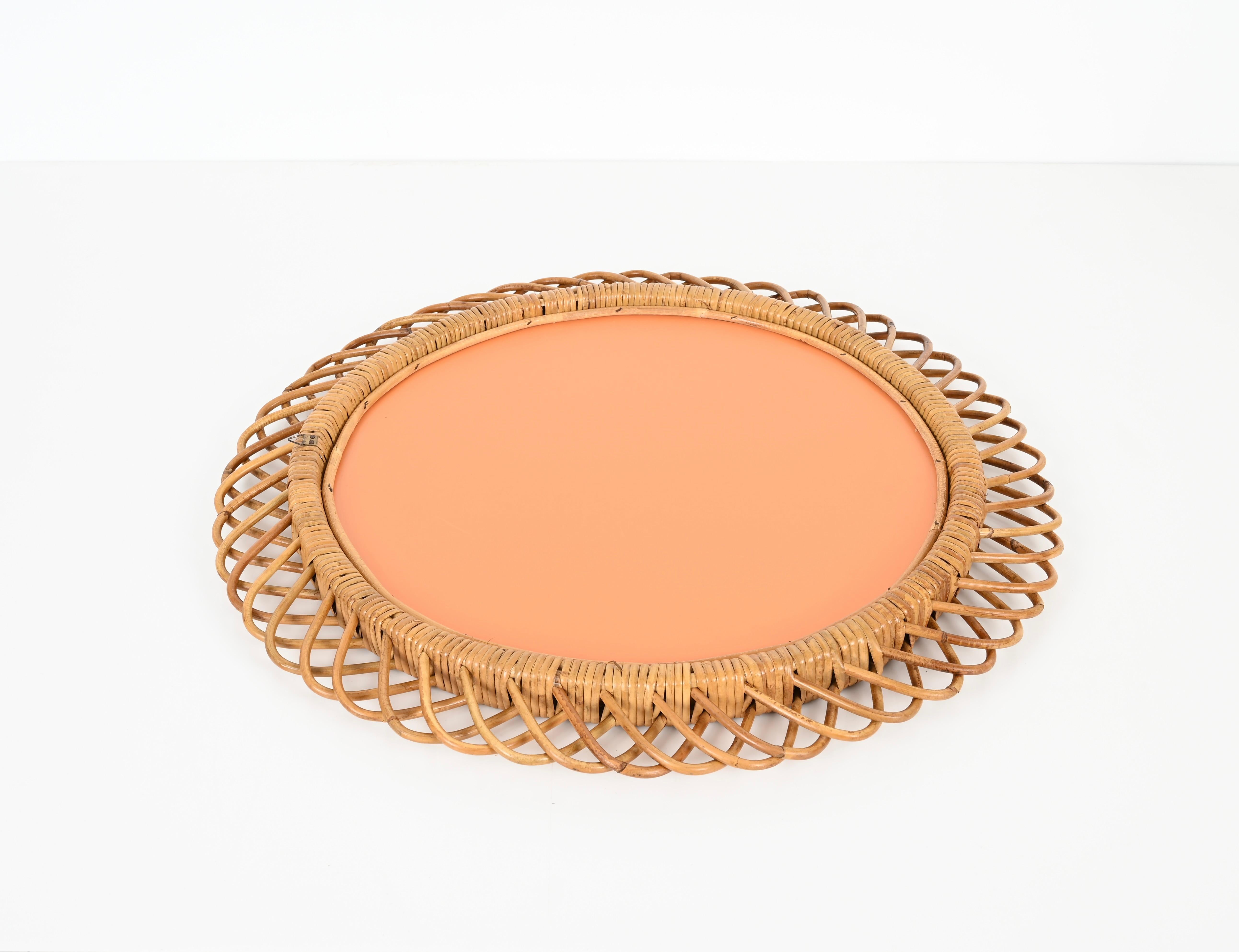 Fine XX secolo Specchio rotondo in vimini e rattan del metà del secolo scorso di Franco Albini, Italia anni '70