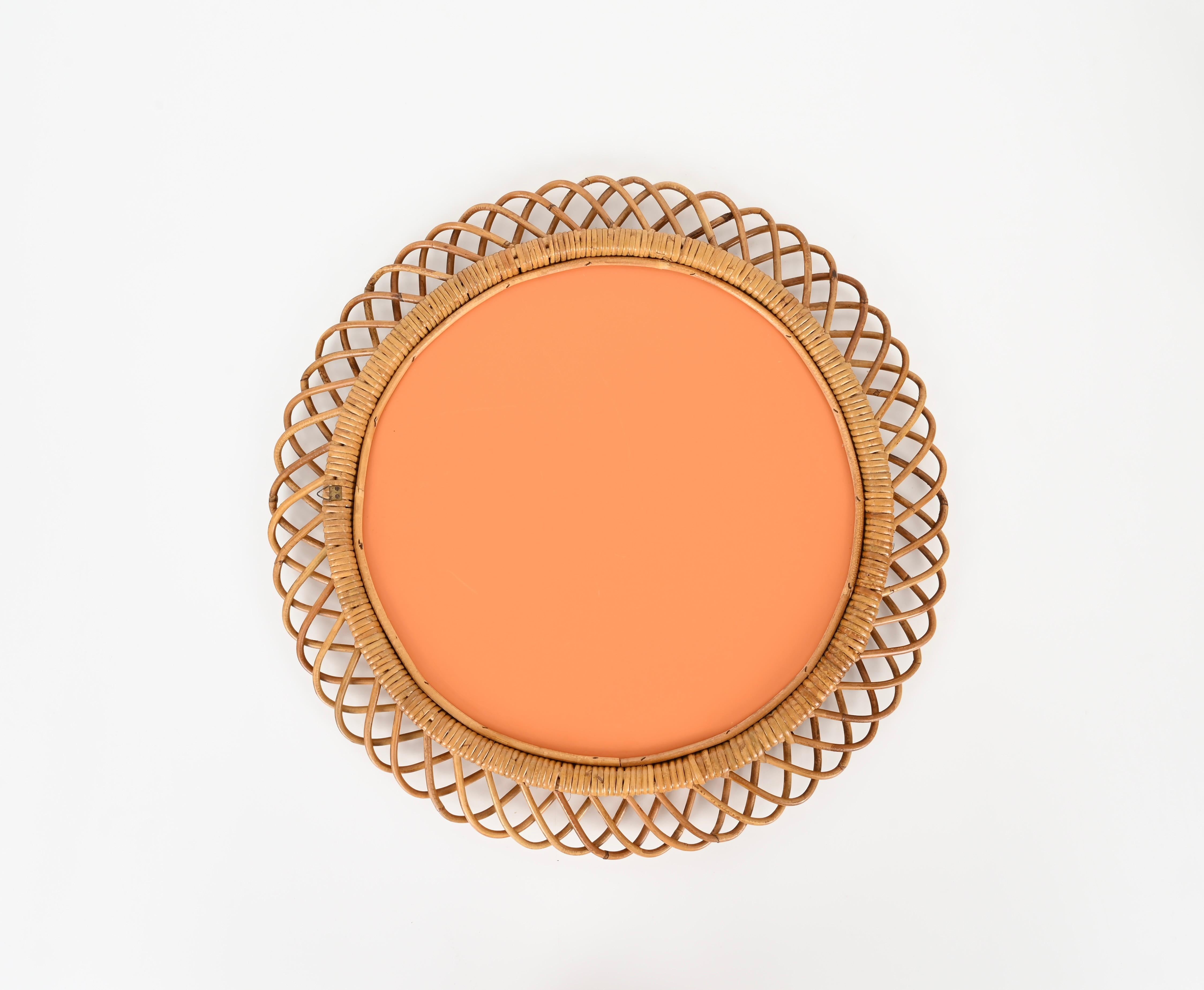 Bambù Specchio rotondo in vimini e rattan del metà del secolo scorso di Franco Albini, Italia anni '70